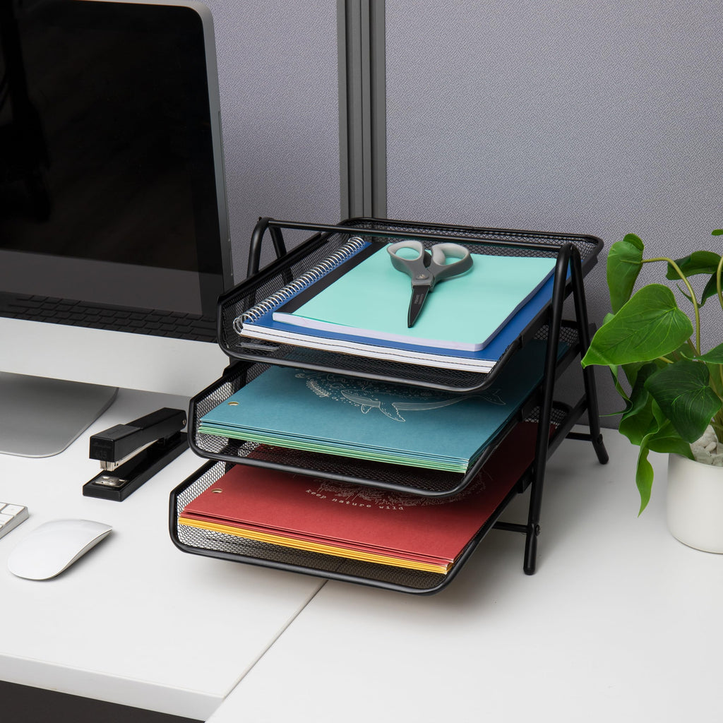 Mind Reader 3-Tier Paper Tray, Desktop Organizer, File Storage, Workspace, Office, Metal Mesh, 29.8L x 34.9W x 25.4Hcm, Black