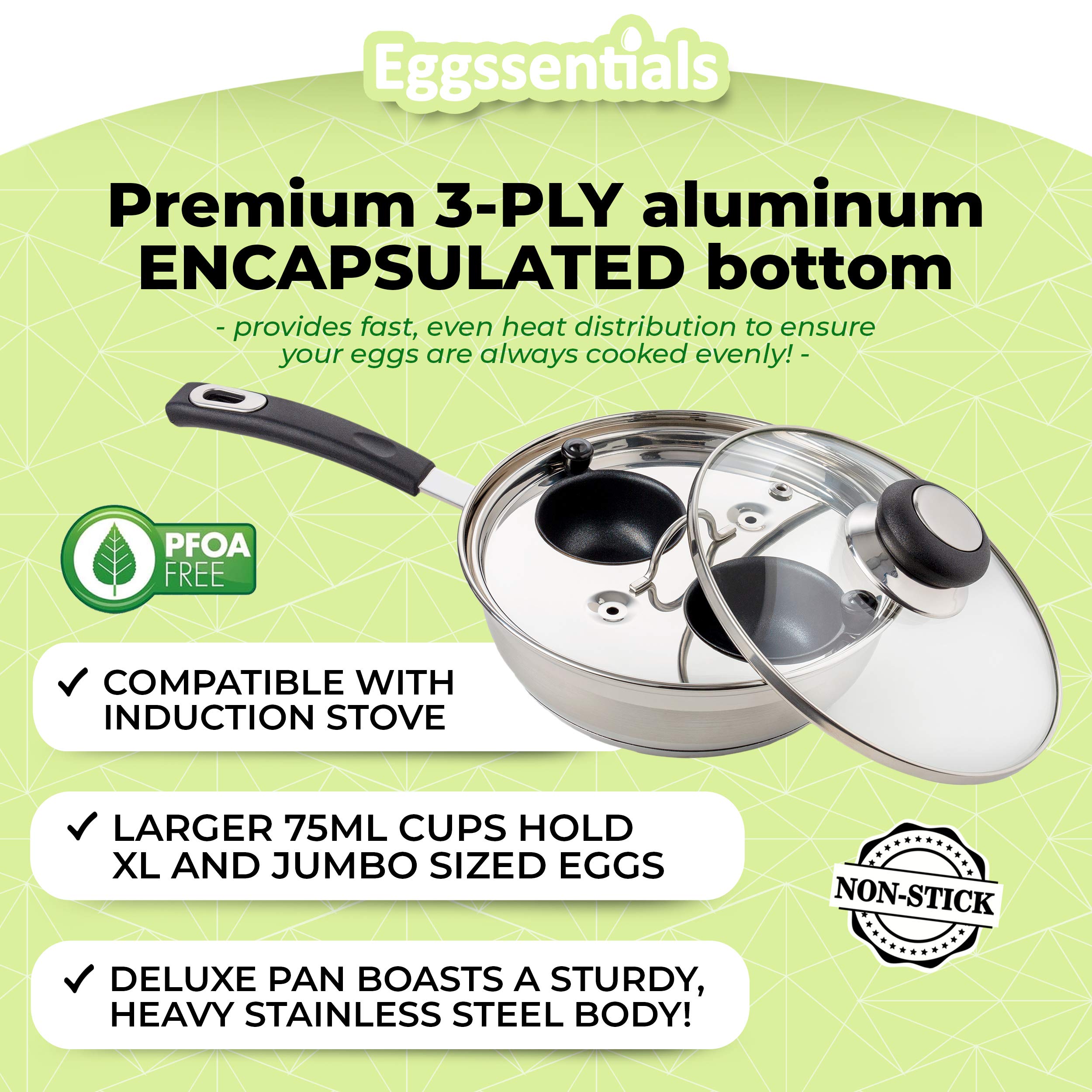 Eggssentials 2 Cup Egg Poacher, Stainless Steel, Non-stick PFOA Free with Spatula, Poached Egg Maker, Egg Poachers Cookware