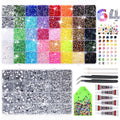 62,000pcs/64-Cells Bedazzling Kit, with 32,000pcs 3mm Nail Rhinestones in 40Colors for Bedazzling & 30,000pcs Clear Flatback Nail gems,6 Bottles B7000 Jewelry Glue, 2 Tweezers & 2 Dotting Pens