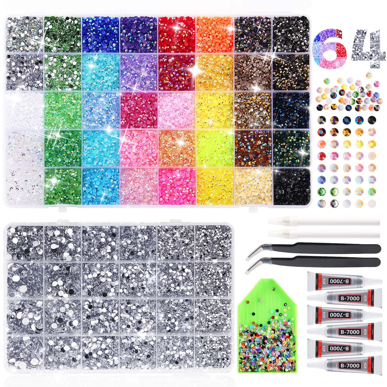 62,000pcs/64-Cells Bedazzling Kit, with 32,000pcs 3mm Nail Rhinestones in 40Colors for Bedazzling & 30,000pcs Clear Flatback Nail gems,6 Bottles B7000 Jewelry Glue, 2 Tweezers & 2 Dotting Pens