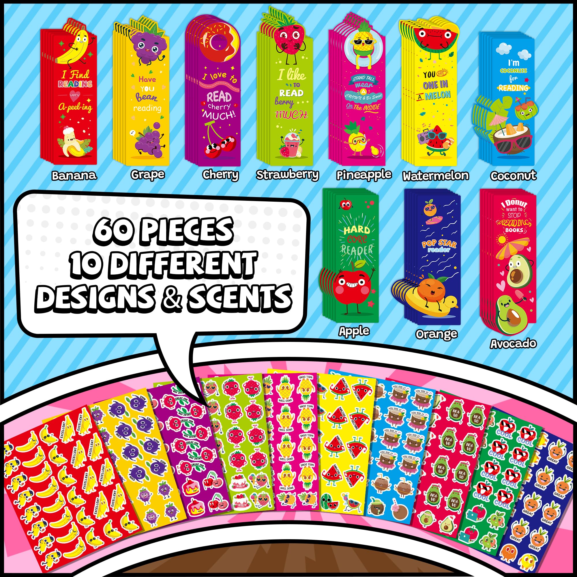 60PCS Scented Bookmarks Bulk for Kids, Scratch and Sniff Bookmarks Rewards, Scented Smelly Cute Fruit Theme Sayings Assorted Educational Gifts for Students Teachers Classroom,10 Styles