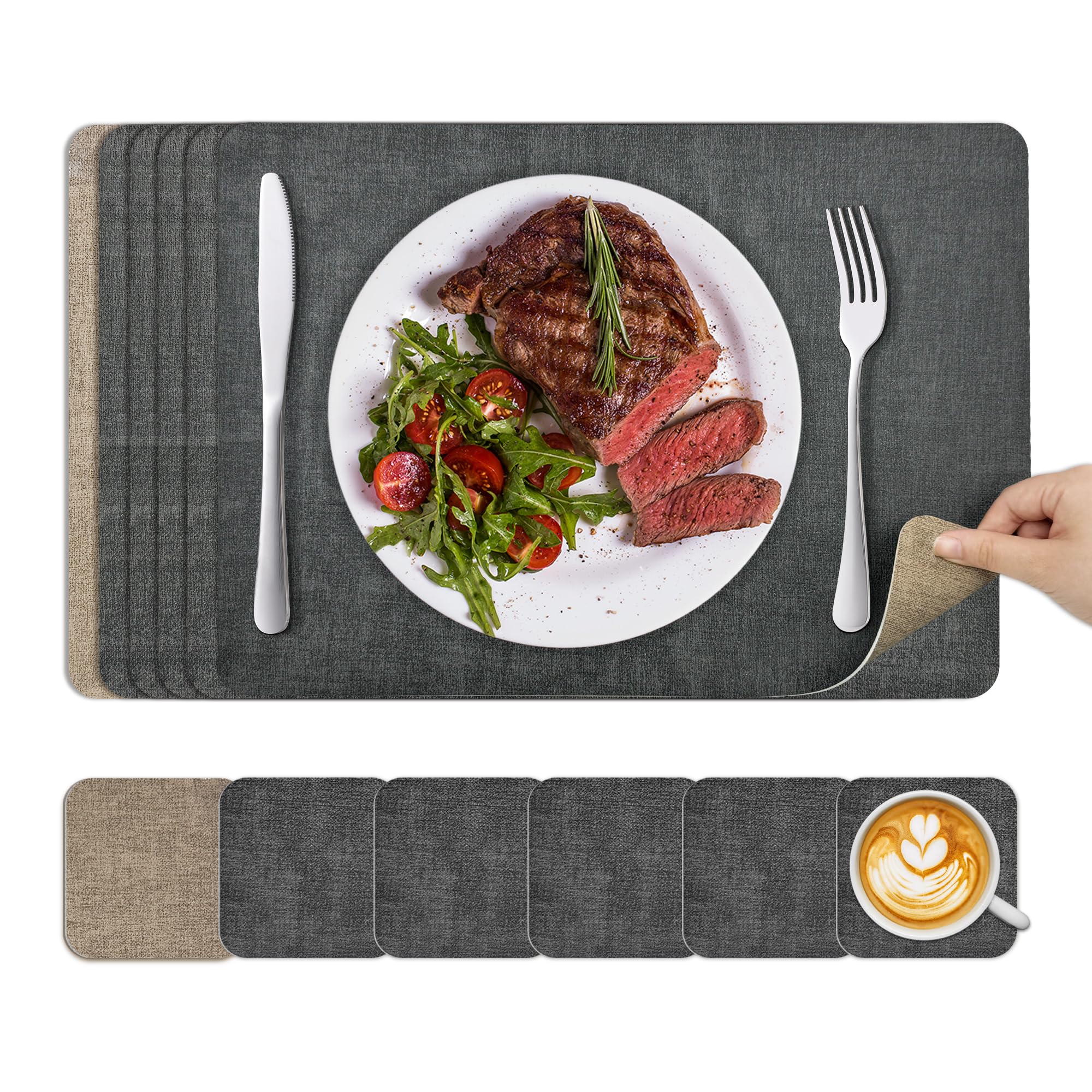 KitchenBoss Placemats Set of 6: 17"x11.8" Double-Sided Available Dining Table Mats Durable Place Mats + Coasters of 6, Vinyl Heat Resistant Napperon de Table, Washable Non-Slip Table Placemats