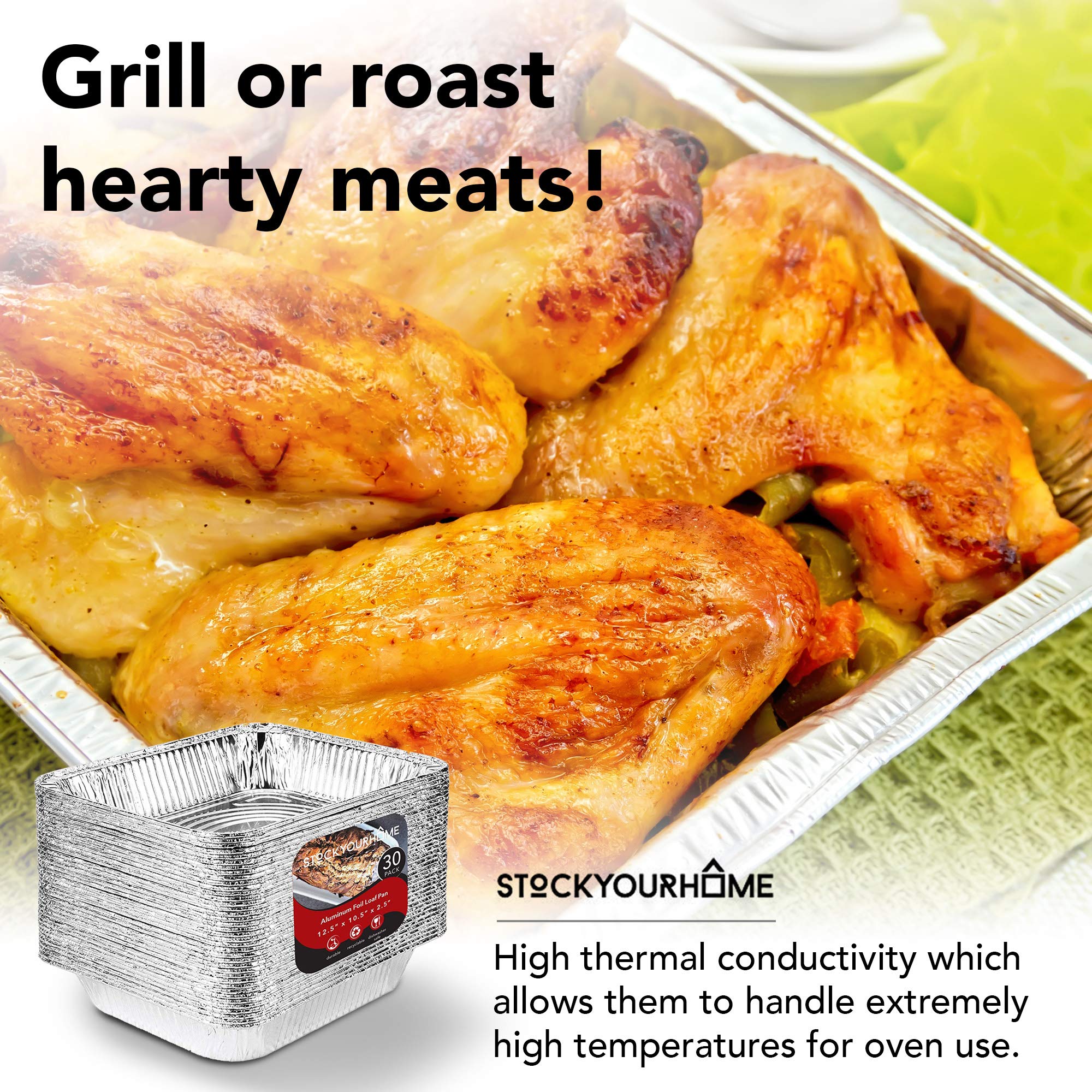 Stock Your Home Half Size Foil Pans 30 Pack - Tin Foil Pans Great for Cooking, Heating, Storing, Prepping Food