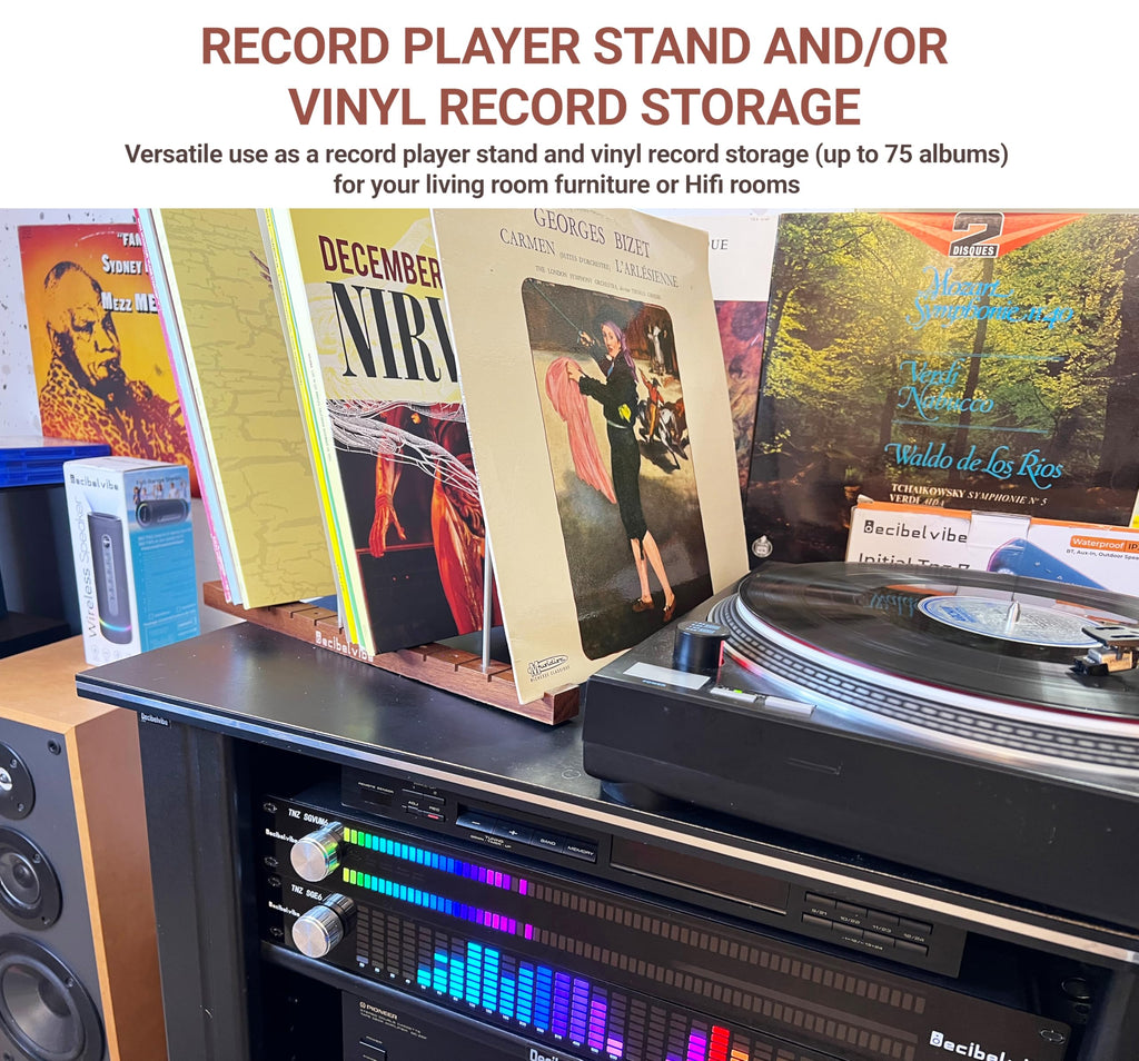 Decibelvibe Vinyl Record Storage and Now Playing Display with Stainless Steel and Solid Walnut Wood Premium Design, Up to 75 Vinyl records, for Living Room or Hifi Room