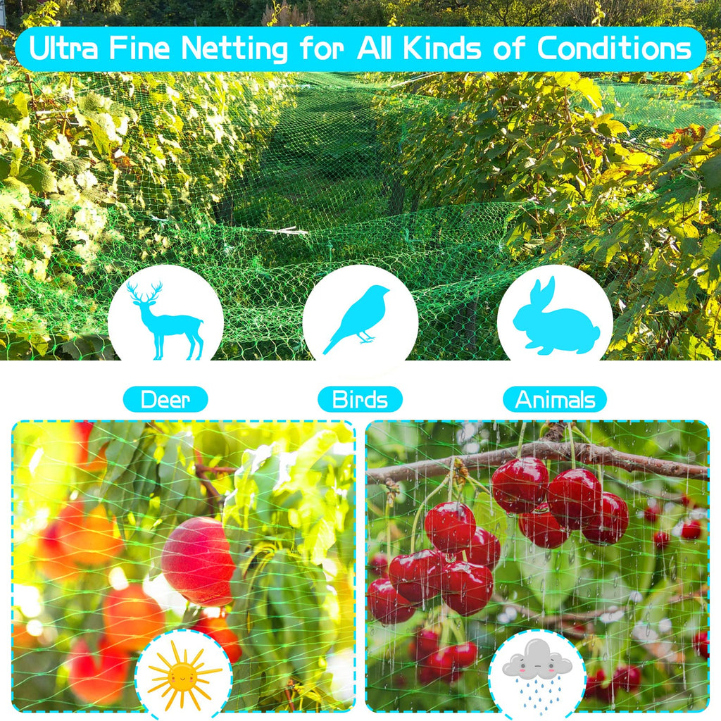 Anti-Bird Netting 33Ft x 13Ft (10m x 4m) Woven with 100Pcs Cable Ties Garden Farm Plants Fencing Mesh Fruits Protector Durable Fish Ponds Cover Green