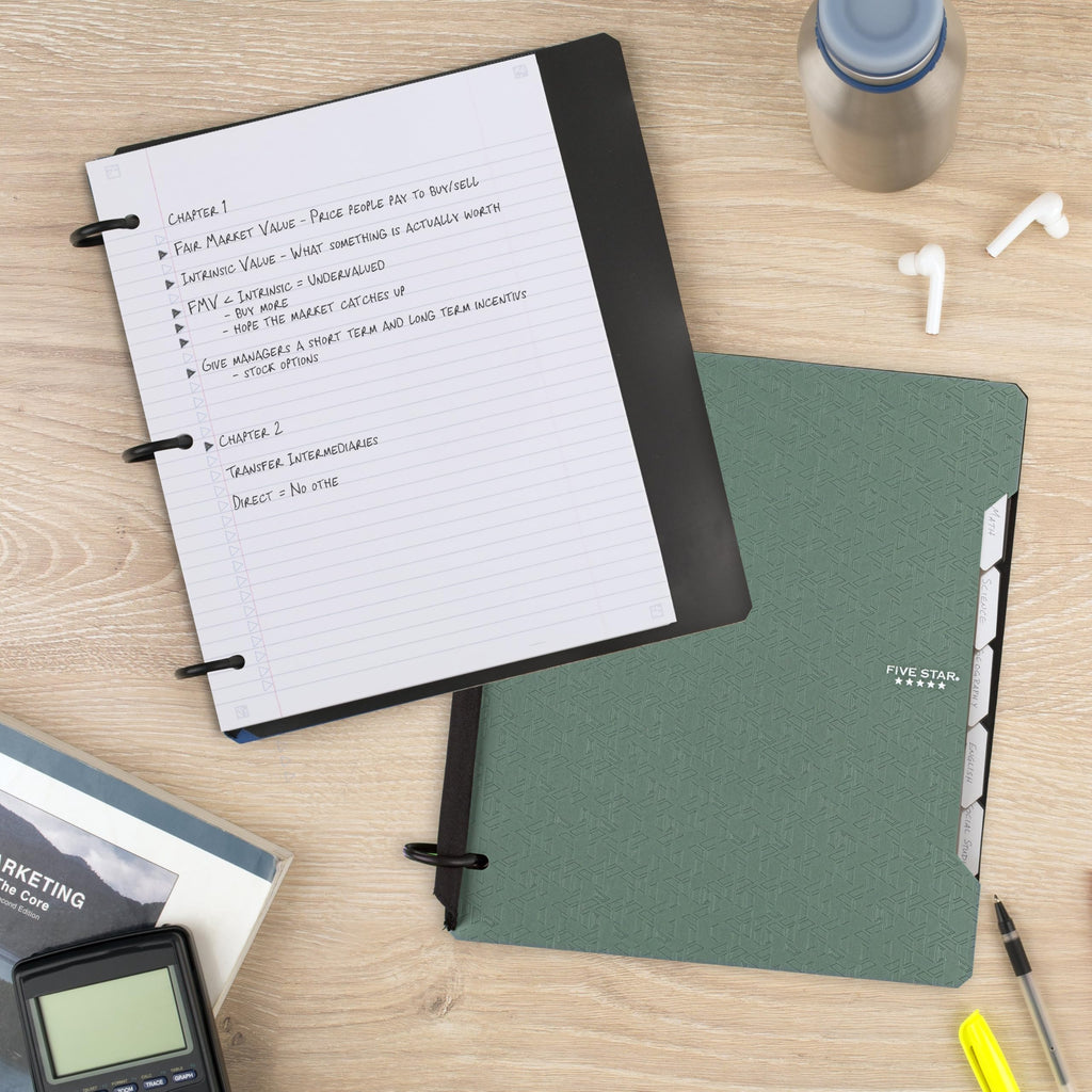 Five Star Flex Refillable Notebook + Study App, College Ruled Paper, 1 Inch TechLock Rings, Pockets, Tabs and Dividers, 200 Sheet Capacity, Seaglass Green (29328AQ8)
