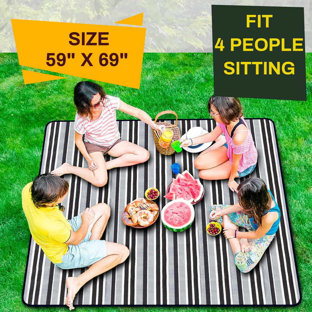 PortableAnd Large Picnic & Outdoor Blanket Sand Proof and Waterproof Picnic Blanket Tote for Camping Hiking Festivals Travelling (White and Black)
