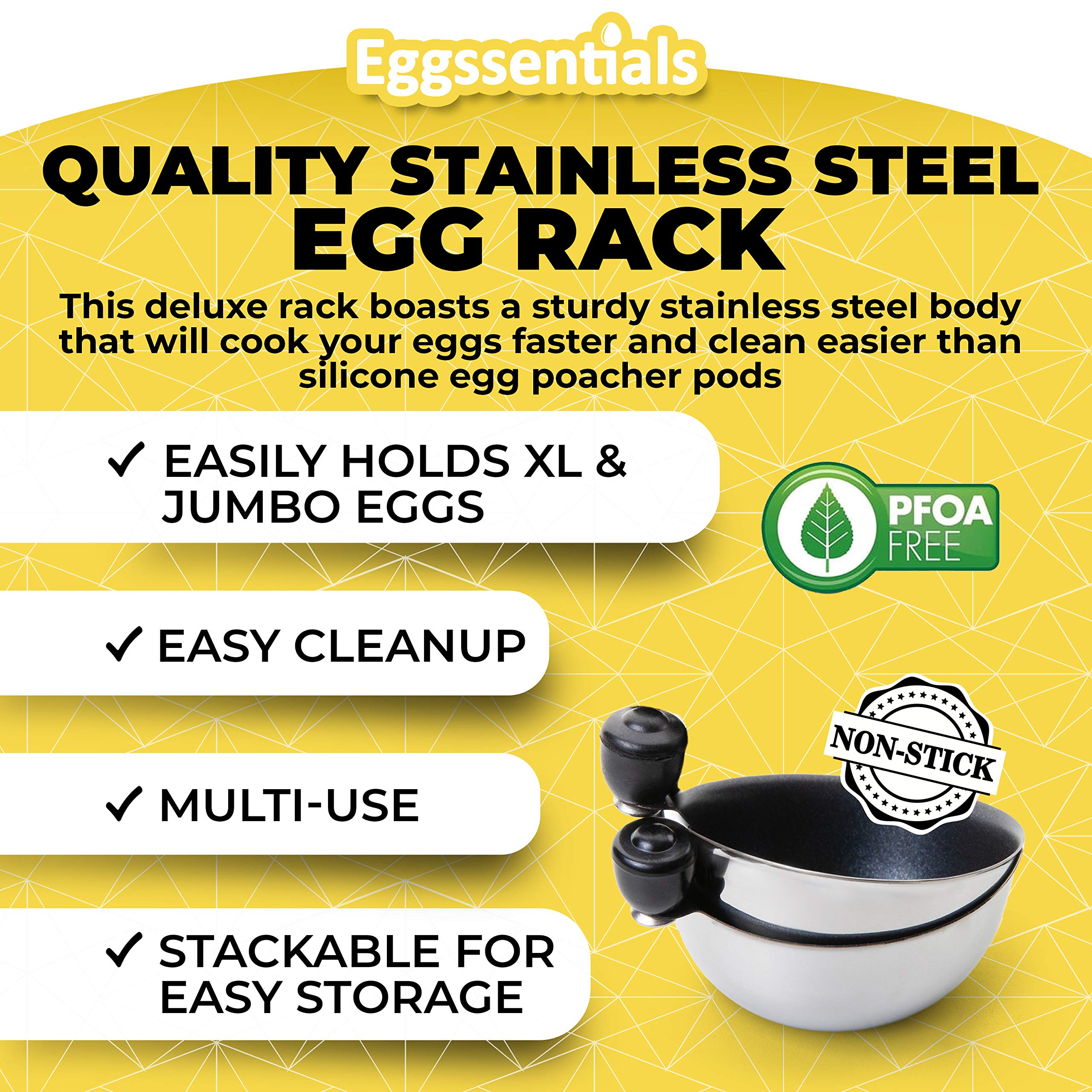 Eggssentials Egg Poacher | Stainless Steel Poaching Rack | 2 Poached Egg Maker Cups PFOA Free Nonstick | 6.25 inches Egg Steamer Rack Fits Many sized Pans Skillets and Pressure Cookers …
