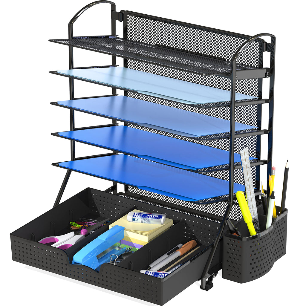 Simple Houseware 6 Trays Desk Document File Tray Organizer with Sliding Drawer, Black