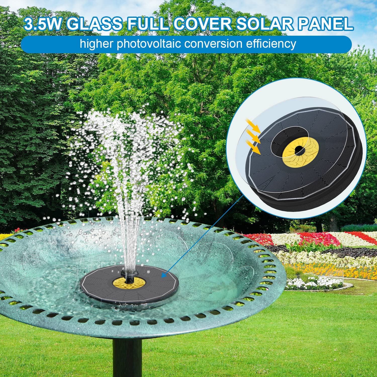 Yzert Solar Bird Bath Fountains, Upgraded Glass Panel Solar Fountain Pump for Bird Bath Small Ponds Pool Outdoor, 3.5W Solar Water Fountain with 4 Fixed Pipes 7 Nozzles(Black)
