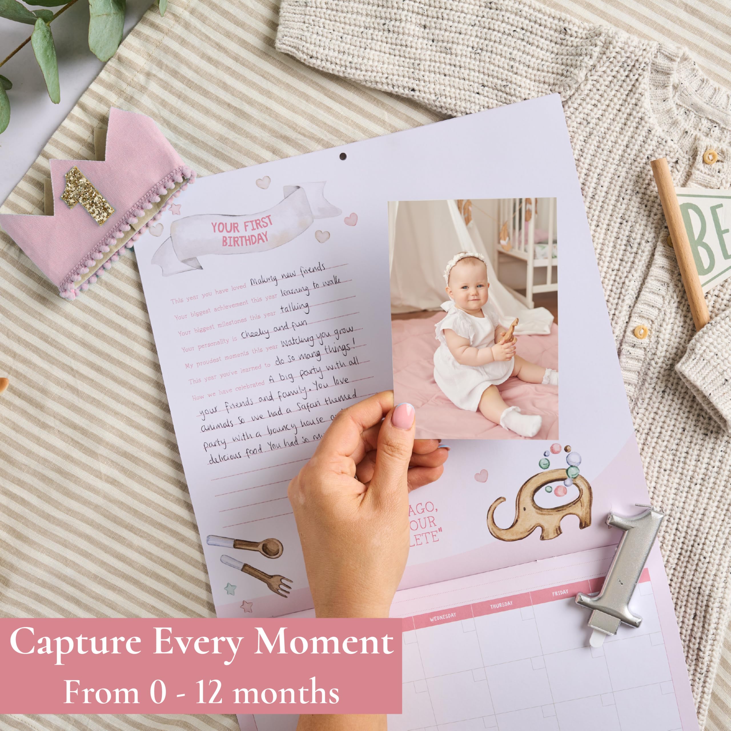 Baby's First Year Calendar with 100 Stickers - Pink Watercolor Design 1st Years Wall Calendar With Stickers, Baby Tracker, Baby Scrapbook for New Mom and Newborn Baby Girls