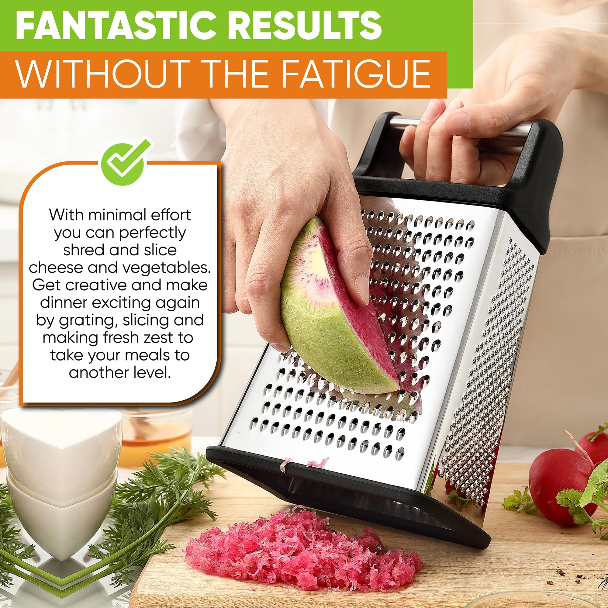 Professional Cheese Grater - Stainless Steel, XL Size, 4 Sides - Perfect Box Grater for Parmesan Cheese, Vegetables, Ginger - Dishwasher Safe - Black