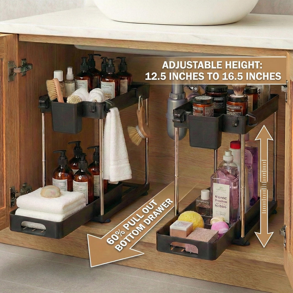 LargeMalls 2-Pack Under Sink Organizer with Sliding Drawers – Adjustable Height, Anti-Tip Design, Fits Around Plumbing – ABS Shelves & Stainless Steel Rods for Kitchen, Bathroom & Laundry Storage