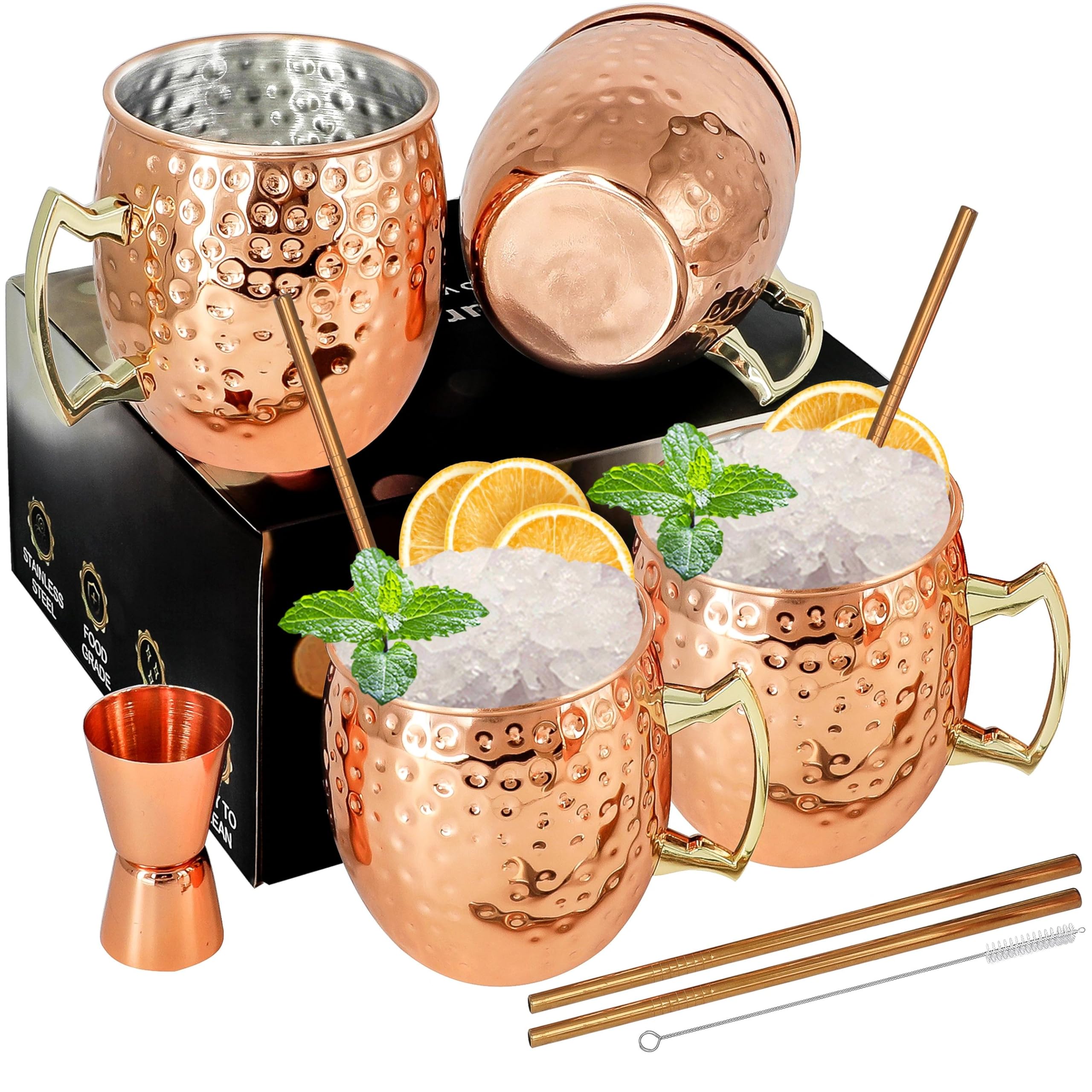 Moscow Mule Mugs Copper Mule Cup Kit 18oz Set of 4 with Handle Large Copper Hammered Plating Cups with 0.5oz Double Jigger, Stainless Steel Straws, Spoon for Cold Drinks Cocktails Wine