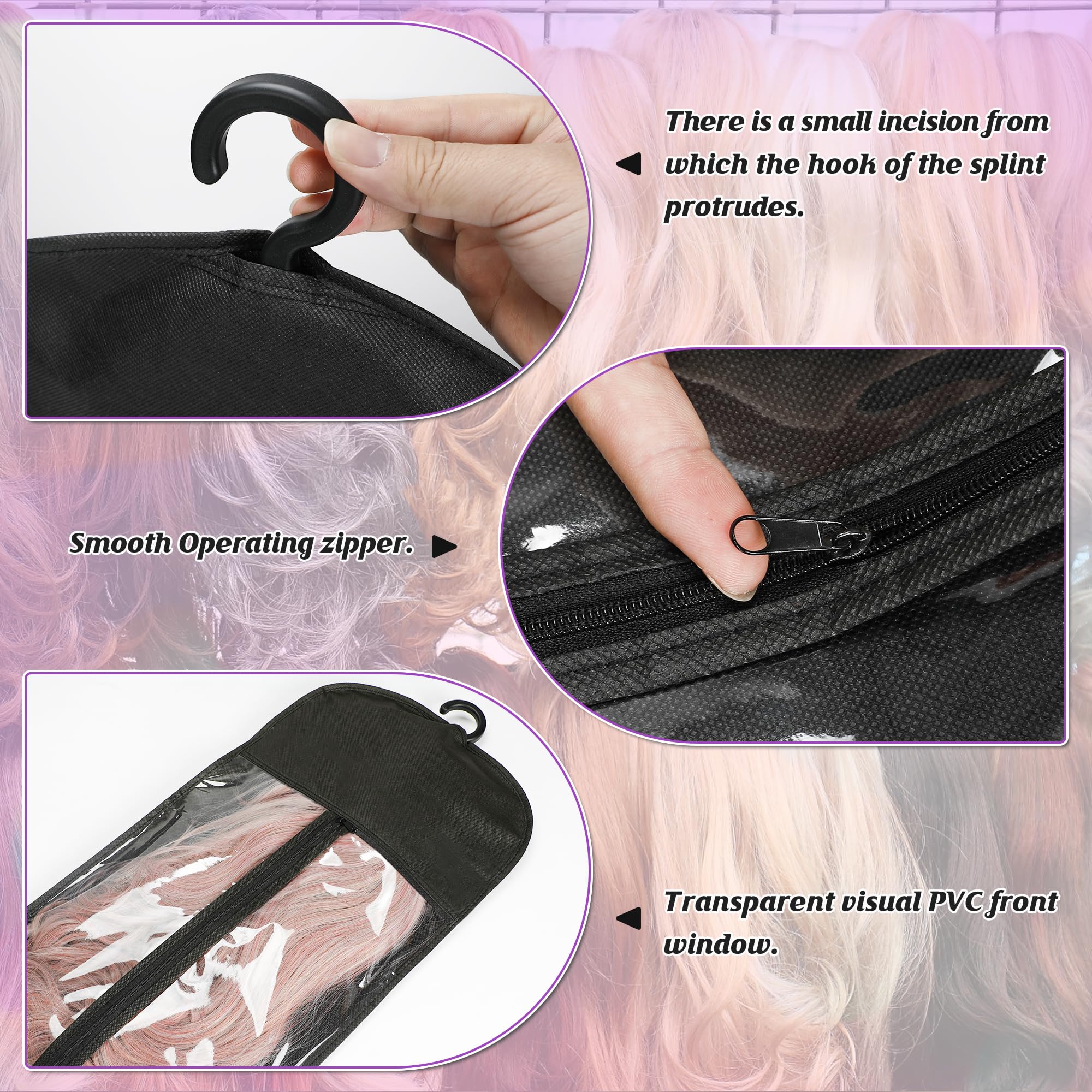 6 Pcs Wig Bags Storage with Wig Hanger Dust-proof for Multiple Wigs Hanging Storage Bags Organizer Foldable Easy Carry Suitable for Home Travel Hair Salon Black