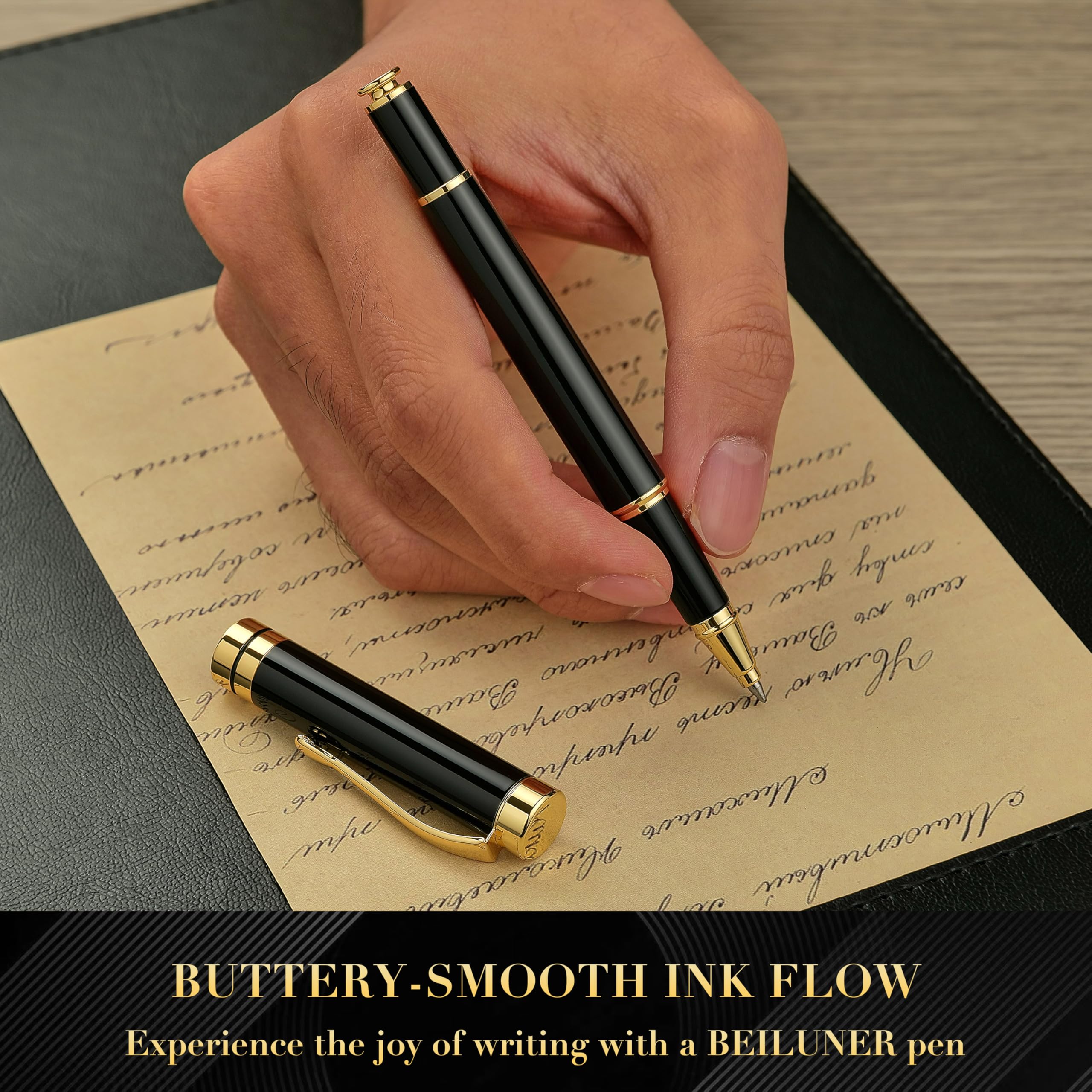 BEILUNER Ballpoint Pens, Stunning Black Chrome Metal Pen with Golden Trim, Best Ball Pen Gift Set for Men & Women, Professional, Executive, Office, Nice Pens-Gift Box with 0.5mm Black Extra Refill