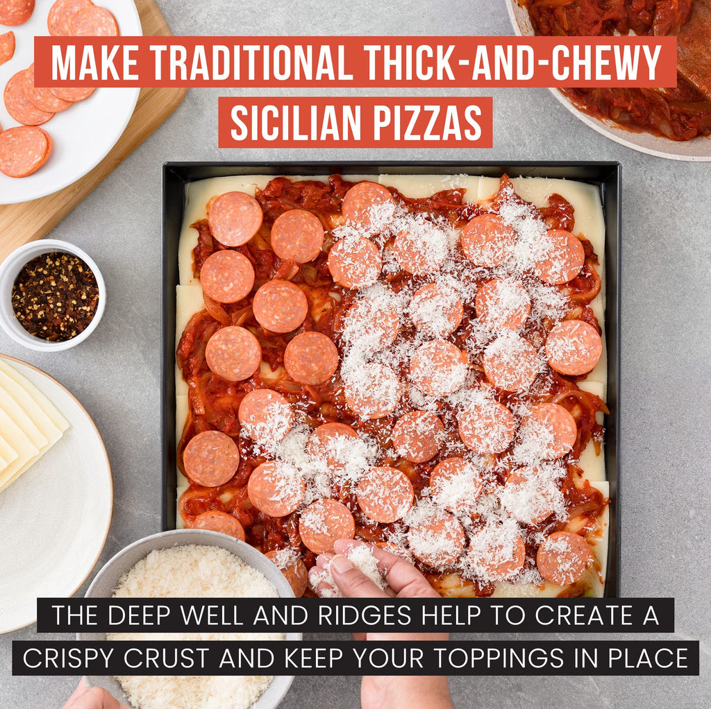 Chef Pomodoro Sicilian Deep Dish Square Pizza Pan, 13.2 x 13.2 Inch, Non-Stick Aluminum, Focaccia Crust, Dough Pre-Seasoned Bakeware Kitchenware