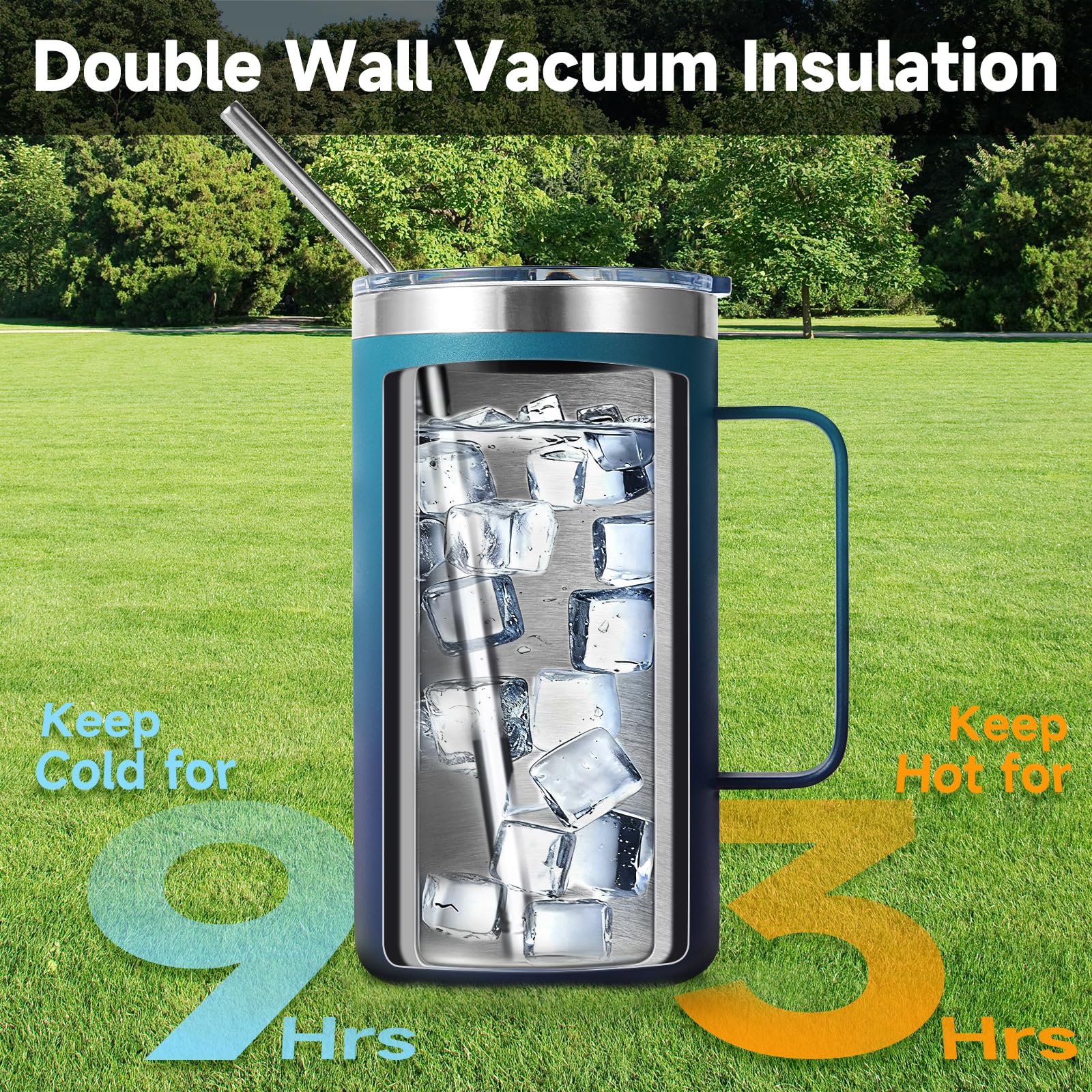 Volhoply 24 oz Insulated Coffee Mug with Lid and Straw, Stainless Steel Travel Mugs with Handle, Double Wall Vacuum Coffee Tumbler for Hot and Cold Drinks (Mixed,2 Pack)