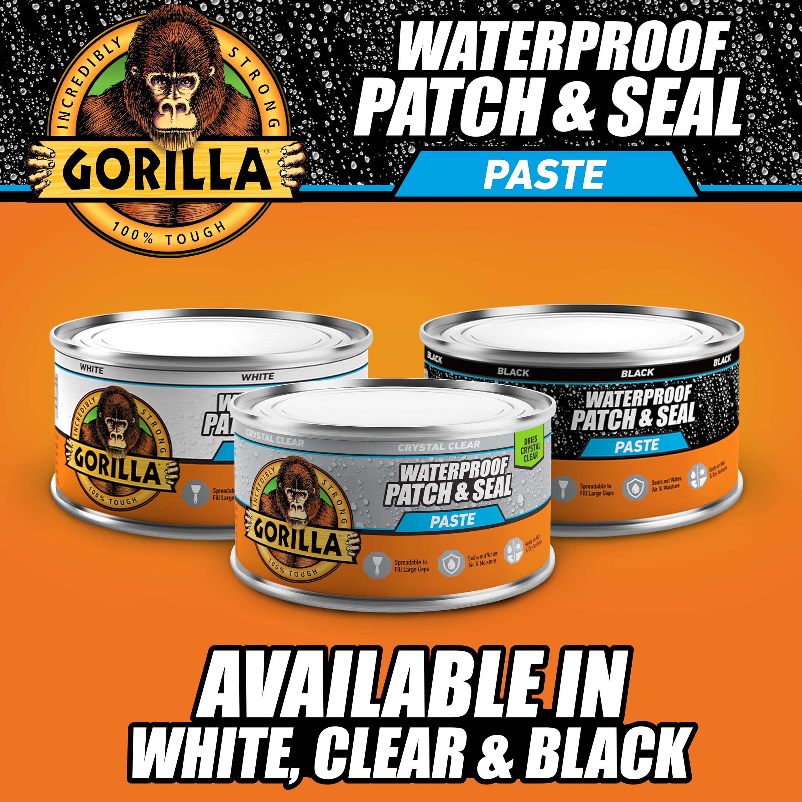 Gorilla Waterproof Patch & Seal Rubberized Sealant Paste, 12.8 Ounce Can, Clear (Pack of 1) - Stops Leaks, Flexible Gap & Crack Filler, Shrink & Mildew Resistant, Paintable