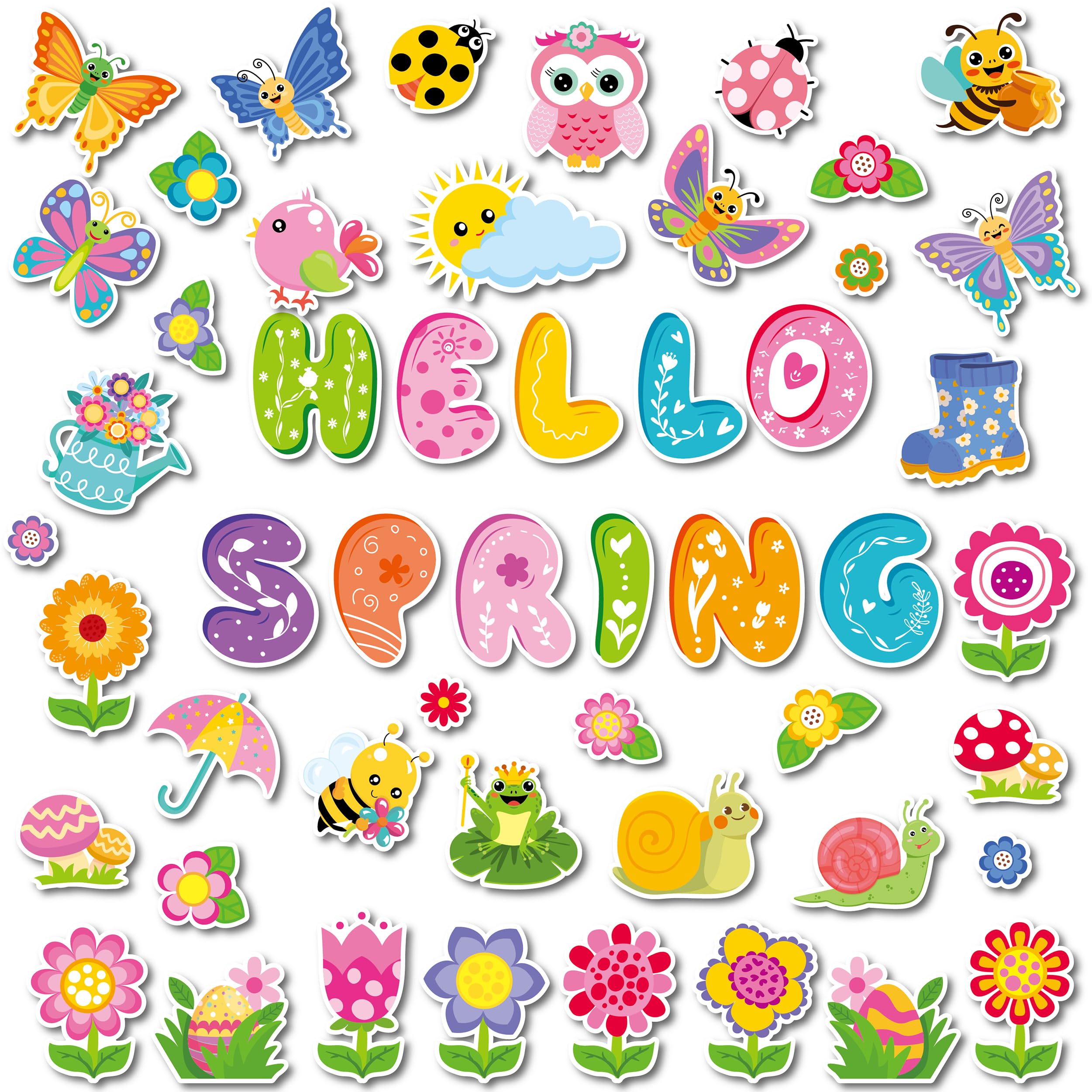70 Pcs Hello Spring Bulletin Board Decorations - Colorful Hello Spring Cut-Outs Cute Flower Butterfly Bird Bee Bulletin Border Wall Decals for Kids DIY Craft School Classroom Decor