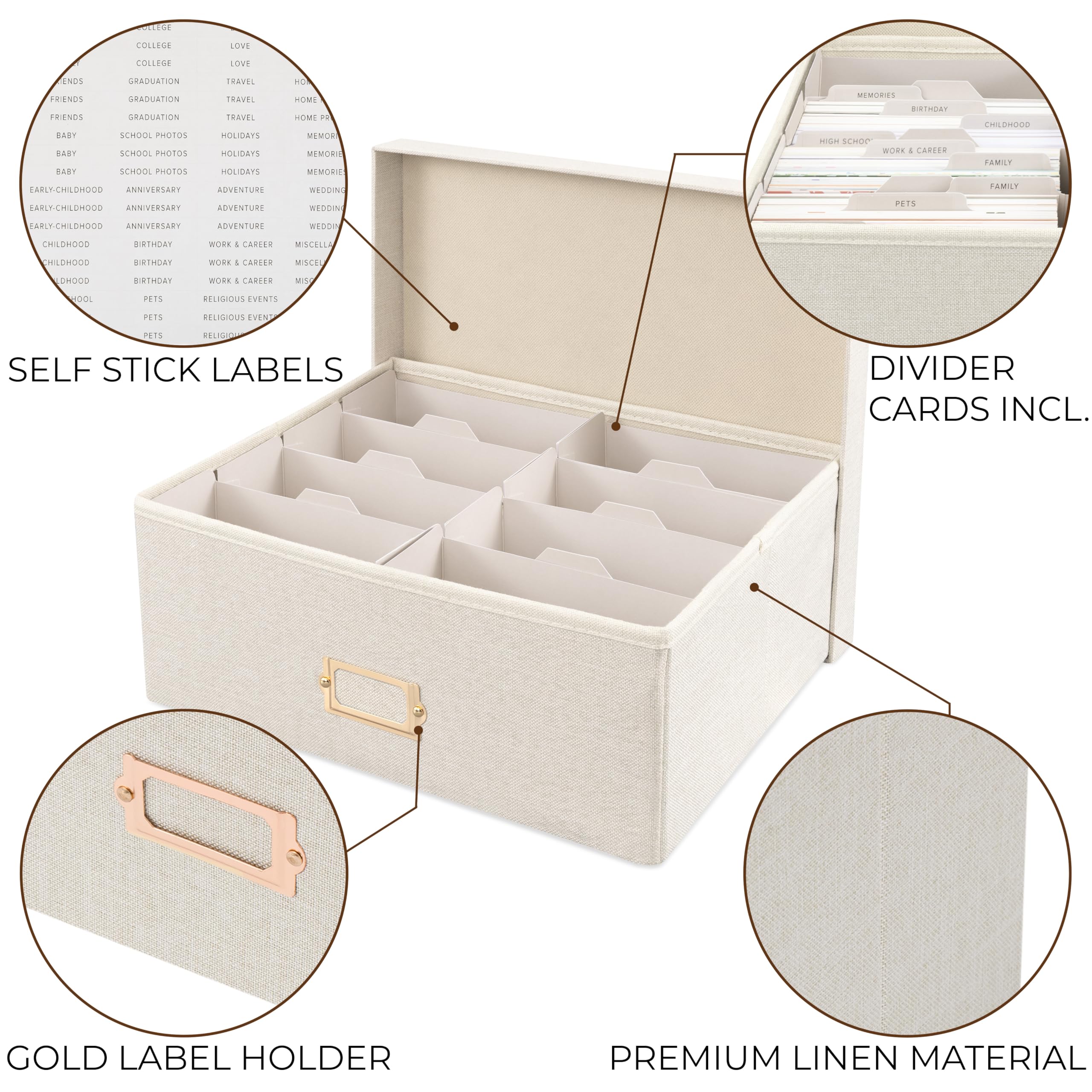ZICOTO Decorative Photo Storage Box - Sturdy Linen Photo Organizer with Dividers is Perfect to Store Up to 1700 Pictures and 4x6 Photos - Portable Scrapbook Storage Containers with Lid