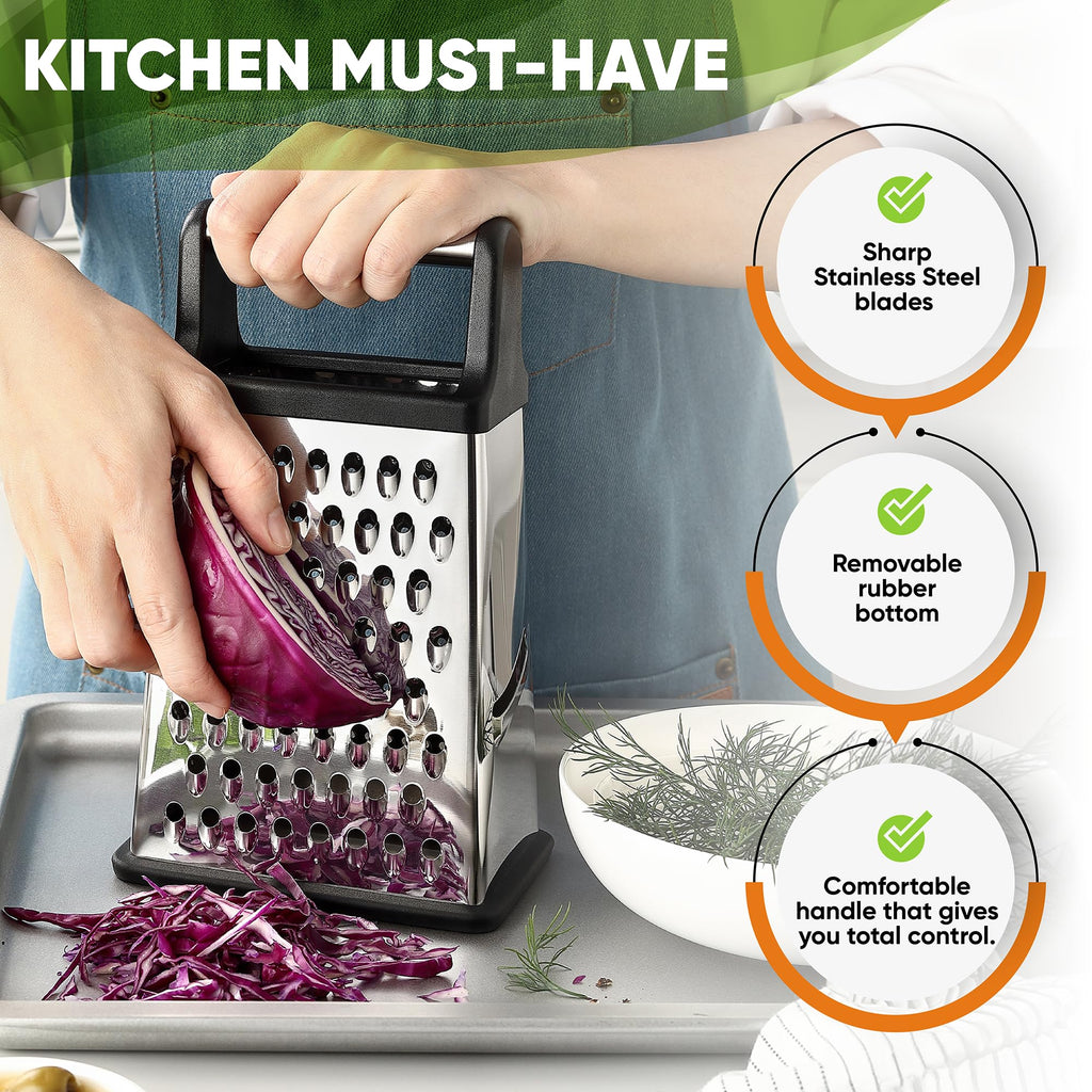 Professional Cheese Grater - Stainless Steel, XL Size, 4 Sides - Perfect Box Grater for Parmesan Cheese, Vegetables, Ginger - Dishwasher Safe - Black