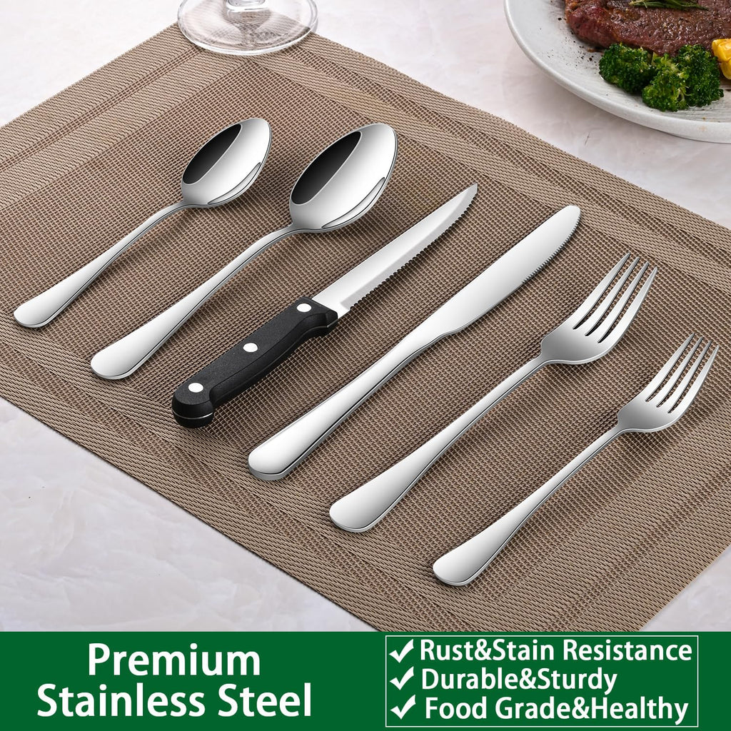 24-Piece Silverware Set with Steak Knives, Flatware Set Service for 4, Food-Grade Stainless Steel Cutlery Set, Includes Knife Spoon and Fork, Mirror Finished Utensil Sets for Home Restaurant