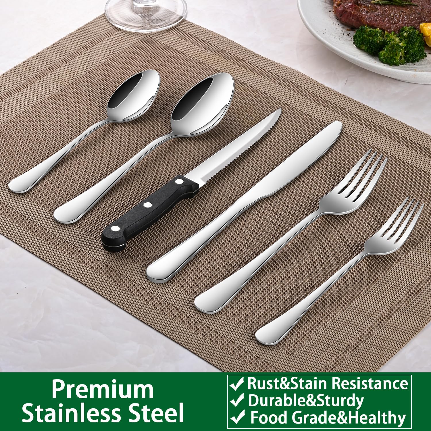 24-Piece Silverware Set with Steak Knives, Flatware Set Service for 4, Food-Grade Stainless Steel Cutlery Set, Includes Knife Spoon and Fork, Mirror Finished Utensil Sets for Home Restaurant