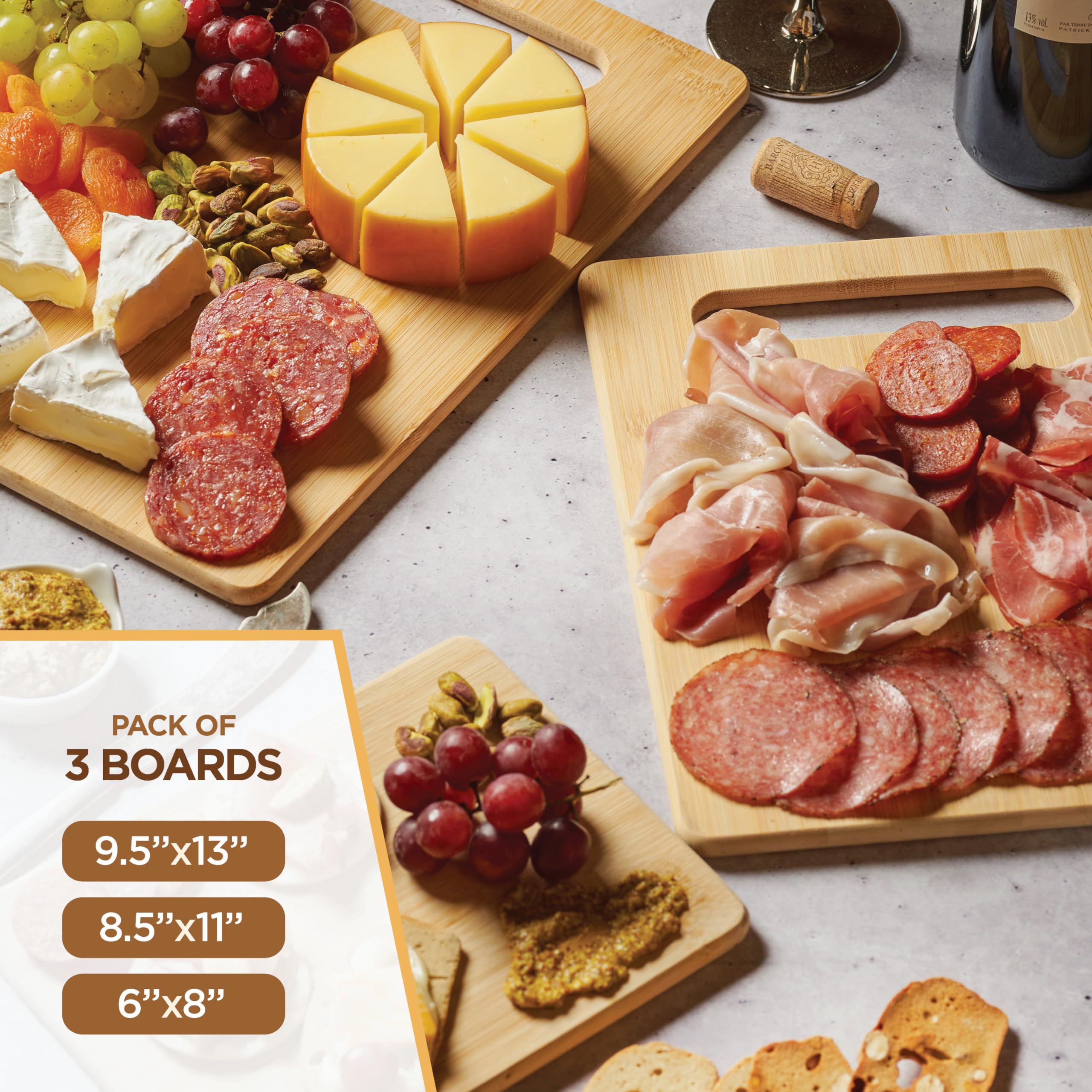 Cutting Board Set - 3 Piece Bamboo Cutting Boards, Wooden Cutting Board for Kitchen, Non Toxic Chopping Board for Food Prep, Serving, Meal Prep, Carving Meat, Fruits, Vegetables, Bread, Cheese, Snacks