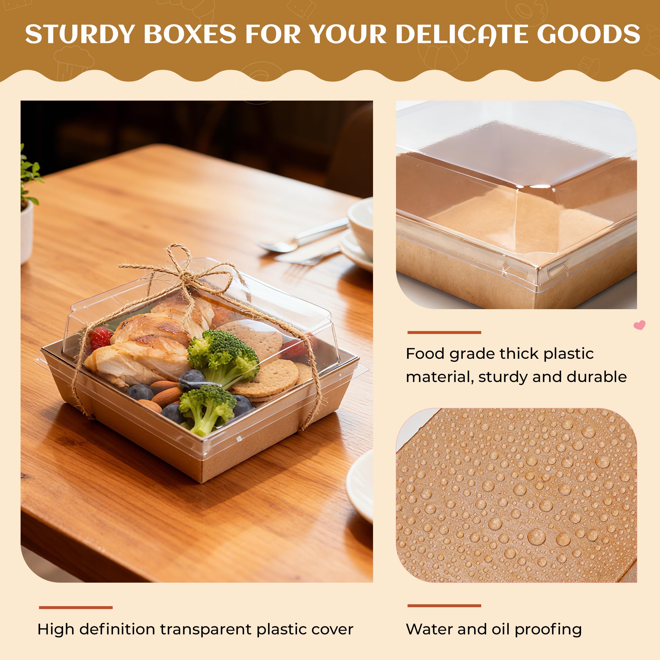 Charcuterie Boxes with Clear Lids Mini Bakery Boxes Disposable Treat Boxes to Go Small Food Containers for Dessert Cookie Sandwich Cake 5.3x4.9x2.5INCH(50 Pack, Brown)