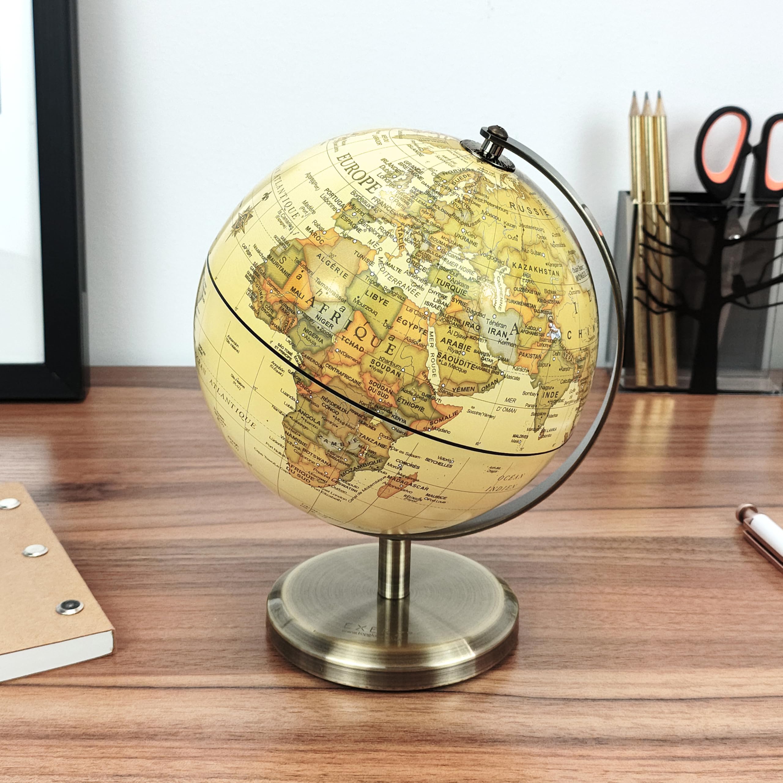 Exerz 14m Globe Terrestre Carte en Français - Map in French - 14cm Antique Globe, Mini World Globe - Modern Map in Vintage Color, Metal Arc and Base Bronzed