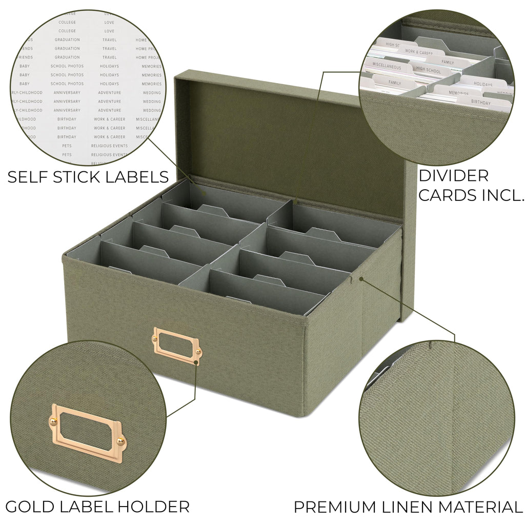 ZICOTO Decorative Photo Storage Box - Sturdy Linen Photo Organizer with Dividers is Perfect to Store Up to 1700 Pictures and 4x6 Photos - Portable Scrapbook Storage Containers with Lid