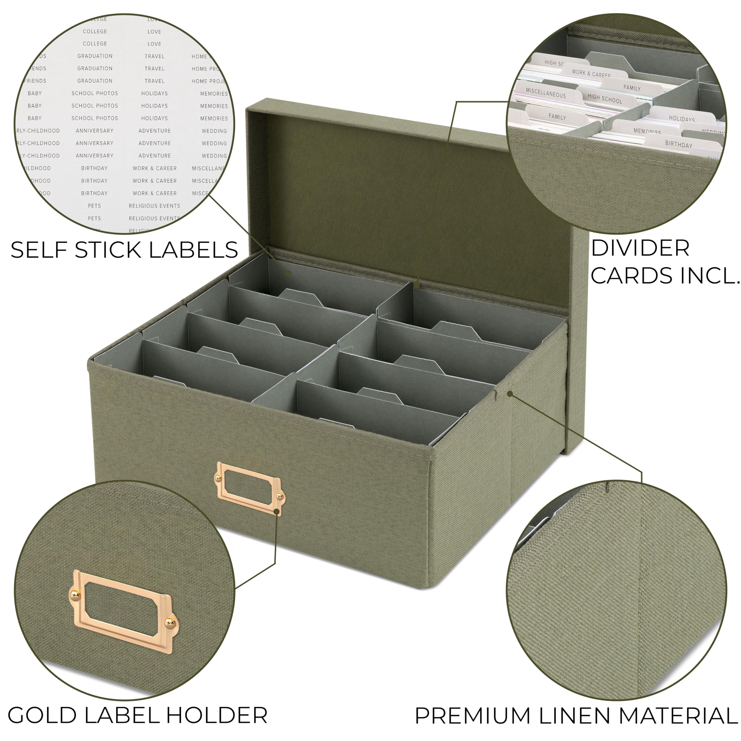 ZICOTO Decorative Photo Storage Box - Sturdy Linen Photo Organizer with Dividers is Perfect to Store Up to 1700 Pictures and 4x6 Photos - Portable Scrapbook Storage Containers with Lid