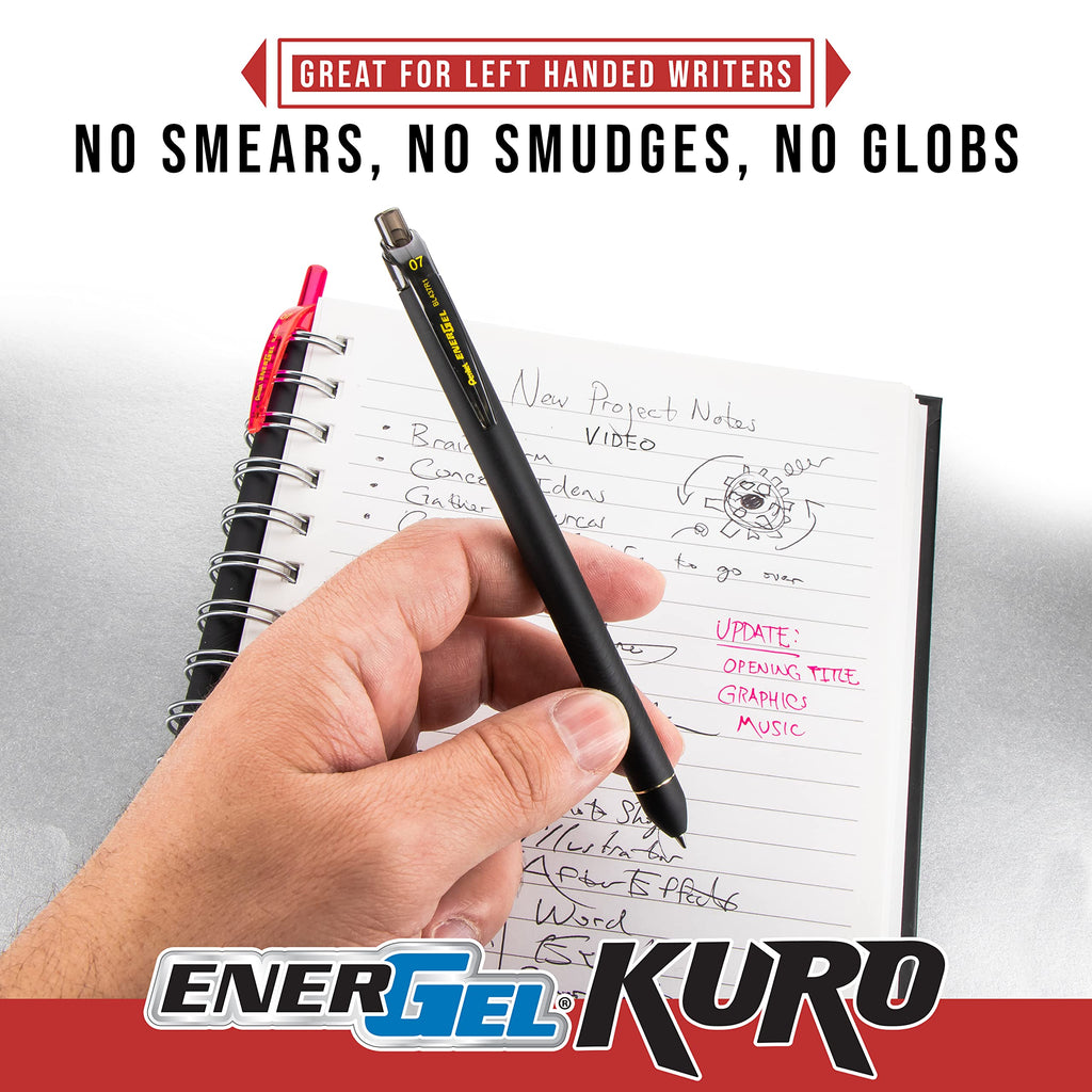 Pentel EnerGel Kuro Retractable Liquid Gel Pen, Shades of Black, 0.7mm tip, Assorted black ink, Pack of 5 pens (BL437PF5MA)
