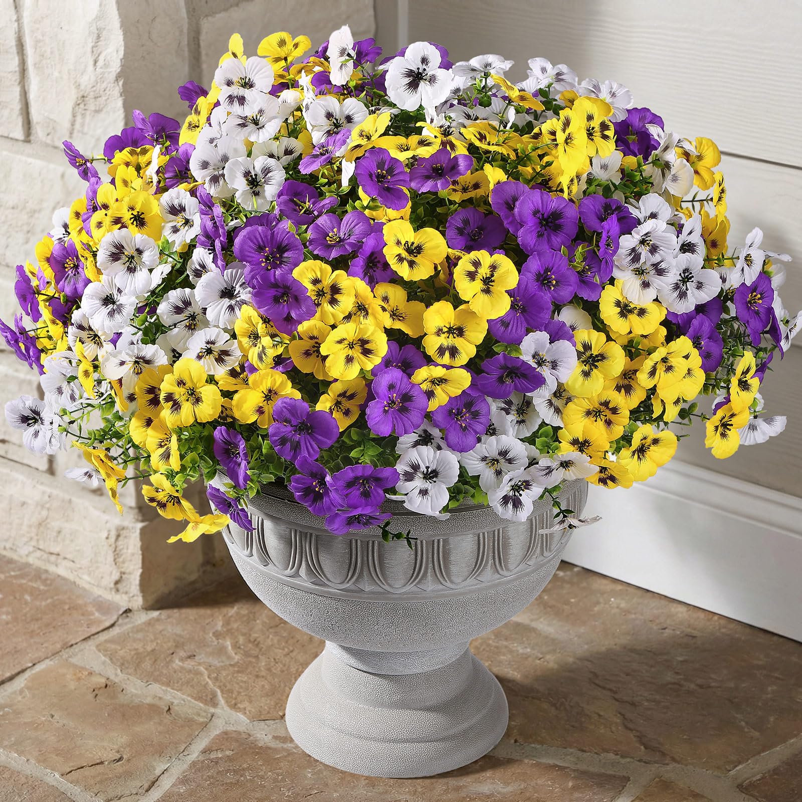 Alupssuc 24 Bundles Artificial Flowers for Outdoors Spring Decoration, Fake Flowers UV Resistant Realistic Pansies with Eucalyptus Silk Faux Flowers for Porch Patio Yard, Purple Yellow White