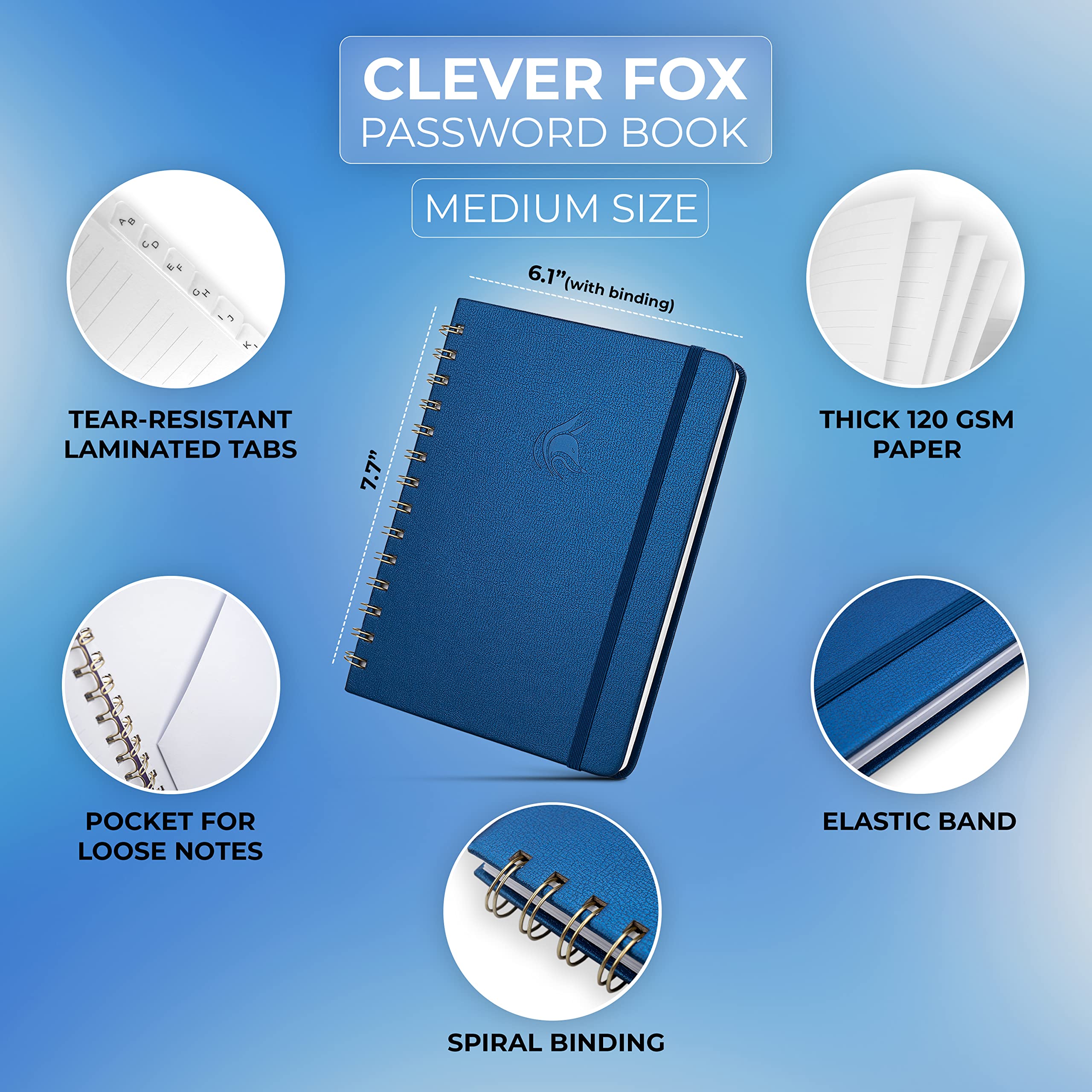 Clever Fox Password Book Spiral – Internet Address & Password Organizer with Laminated Alphabetical Tabs – Password Keeper Journal – Hardcover, Medium Size, 6.1x7.7” (Mystic Blue)