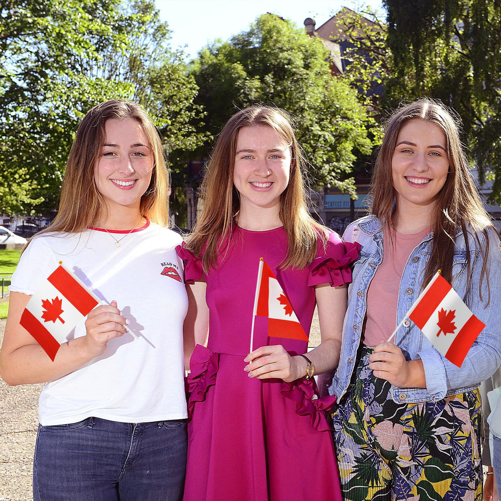 50 Pack Small Canada Flag Stick 5'' x 8'' - Handheld Canadian Maple Leaf Flags with Plastic Sticks, Mini Le drapeau du Canada for Outdoor Parades, National Day Celebration Party Decorations