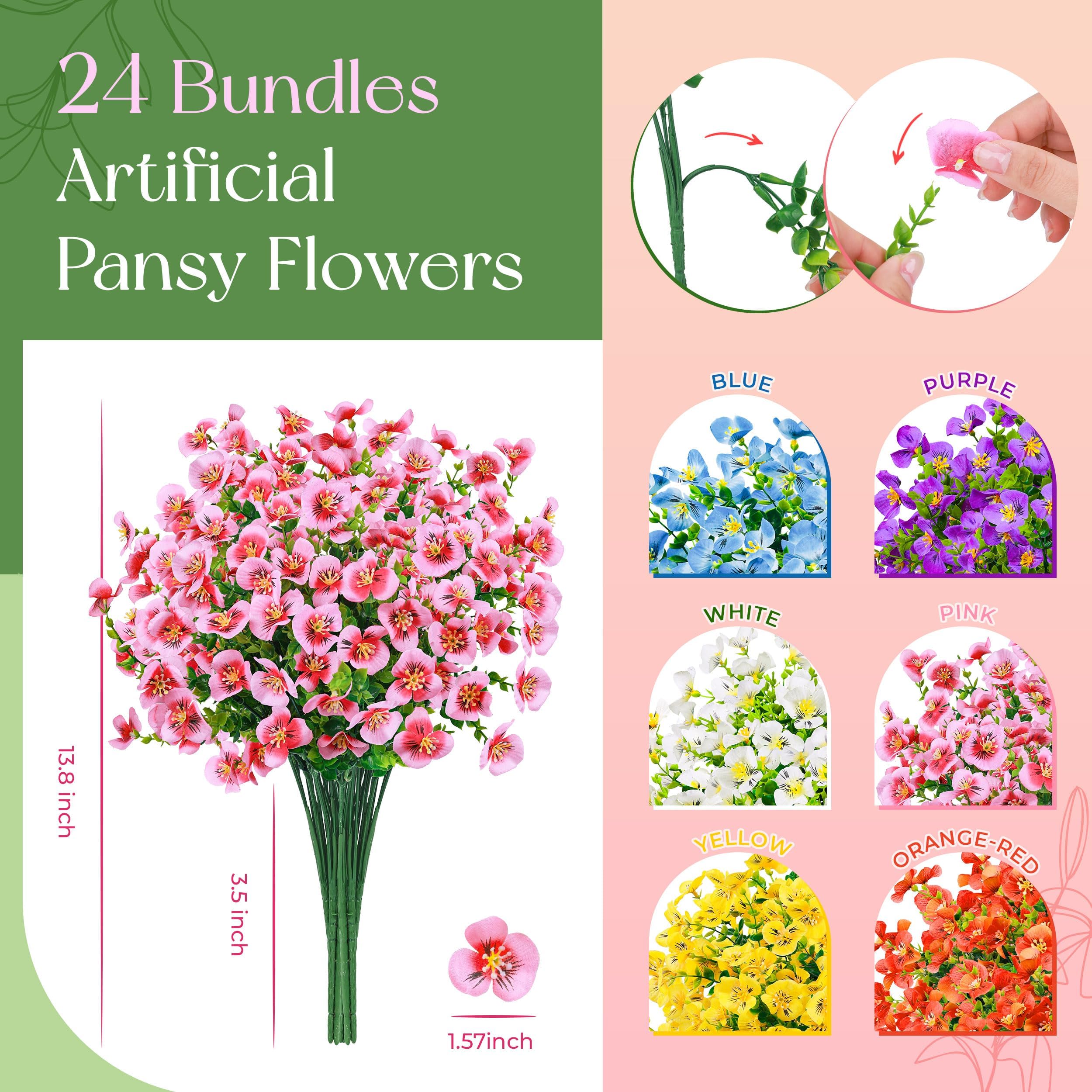 Der Rose 24 Bundles Artificial Pansy Flowers for Outdoors, UV Resistant 6 Assorted Colors Fake Pansies Spring Flowers for Planters Window Boxes Flower Beds Bulk Outdoor Garden Decor