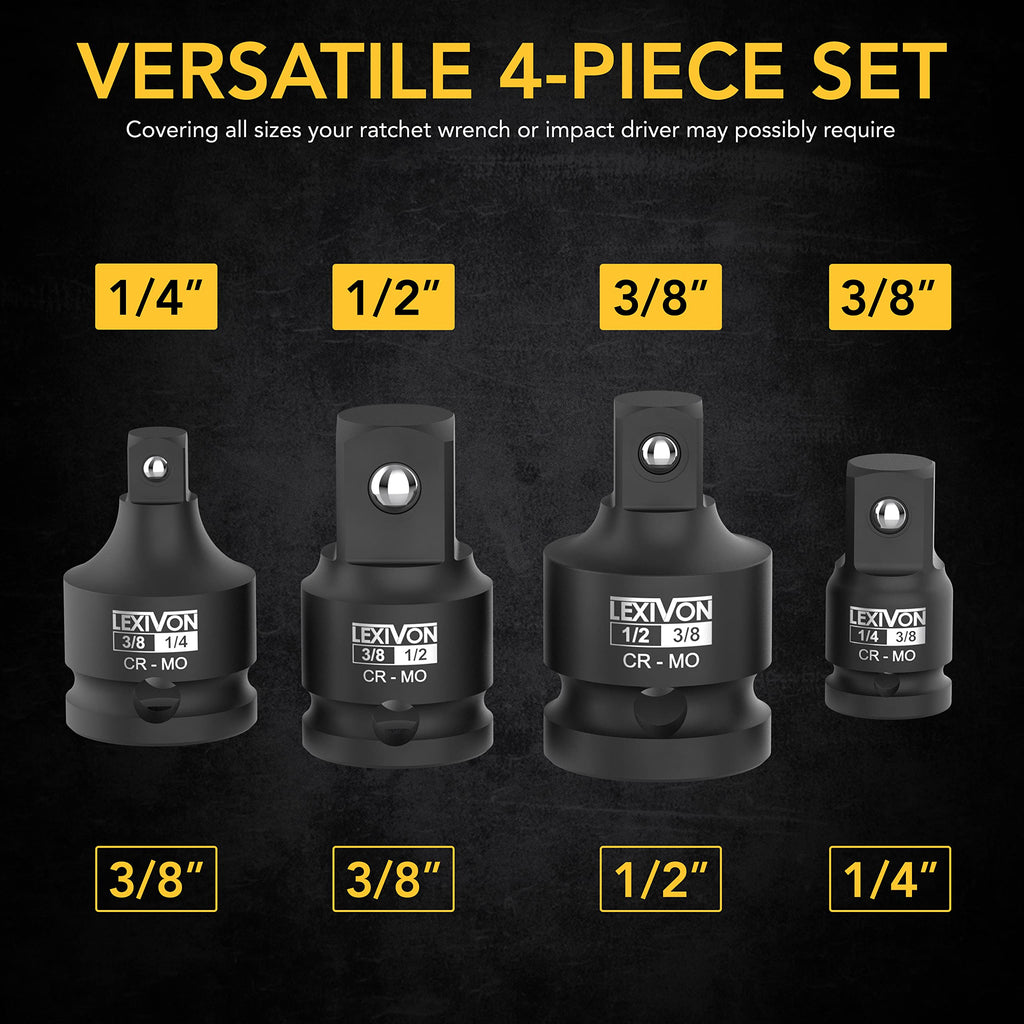 LEXIVON Impact Socket Adapter and Reducer 4-Piece Set | 1/4" - 3/8" - 1/2" Impact Driver Conversions, Chrome Molybdenum Alloy Steel (LX-112)