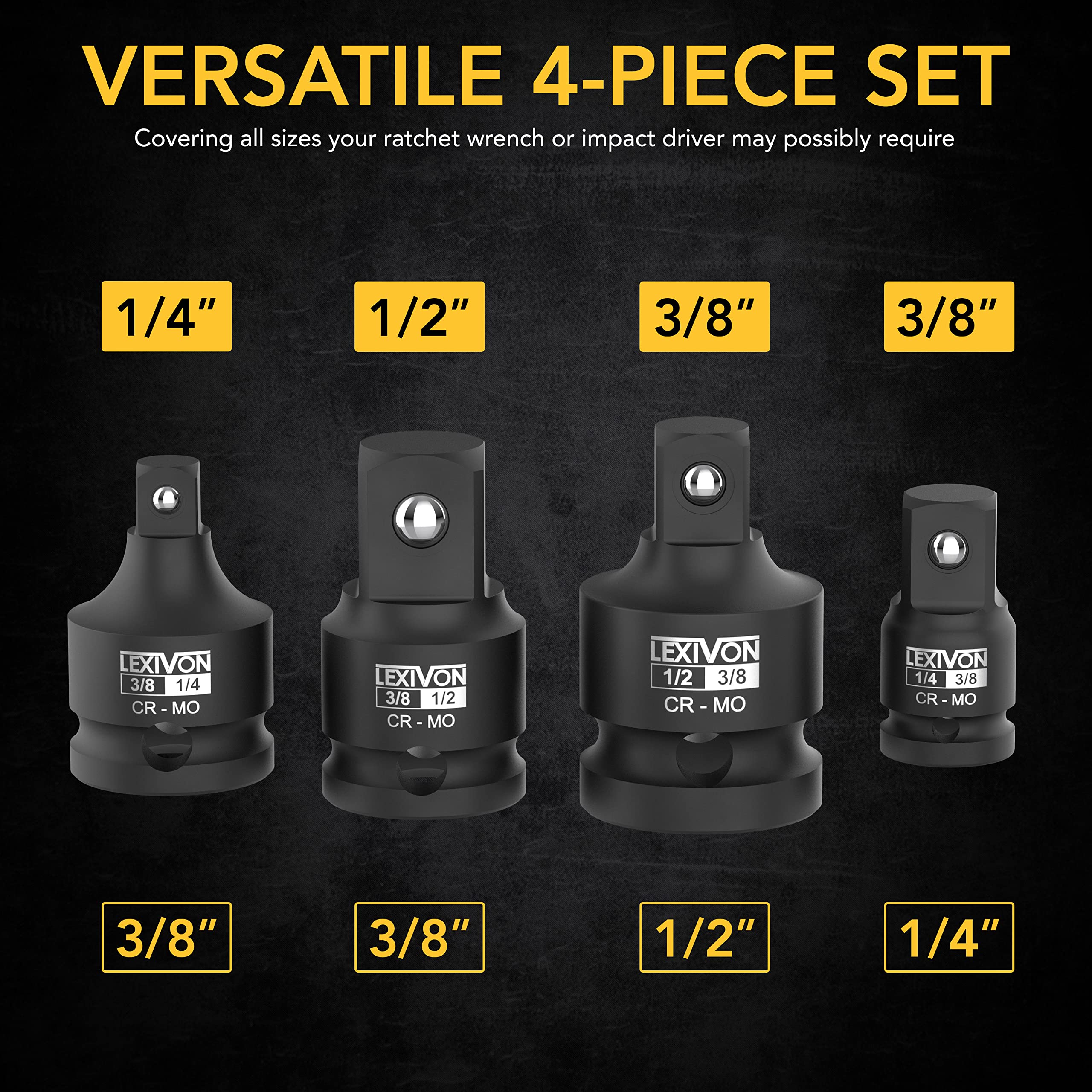 LEXIVON Impact Socket Adapter and Reducer 4-Piece Set | 1/4" - 3/8" - 1/2" Impact Driver Conversions, Chrome Molybdenum Alloy Steel (LX-112)