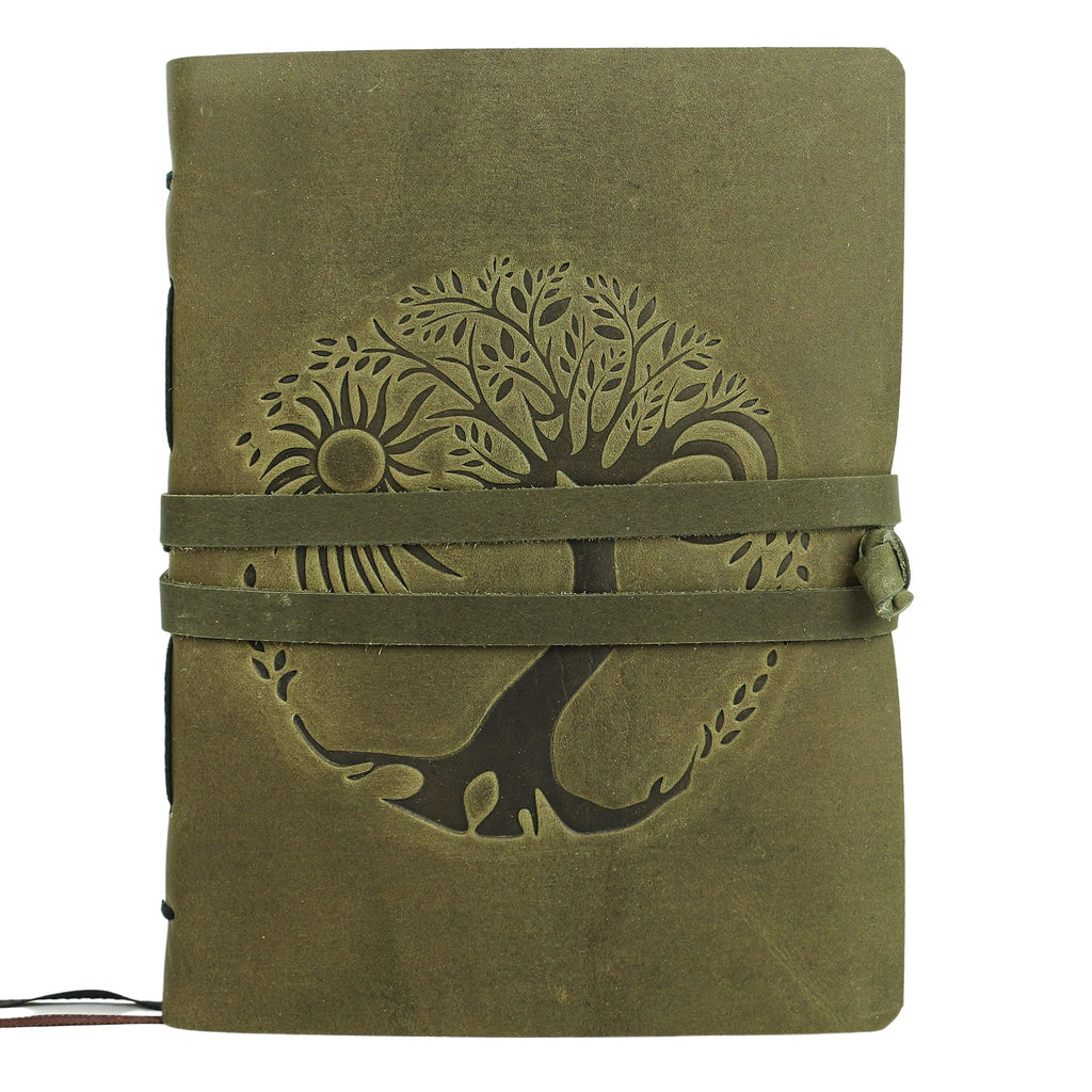 Leather Journal for women and men embossed 8 x 6 inch Handmade Lined craft paper tree of life sun and moon notebook writing notepad book of shadows journal (Green)