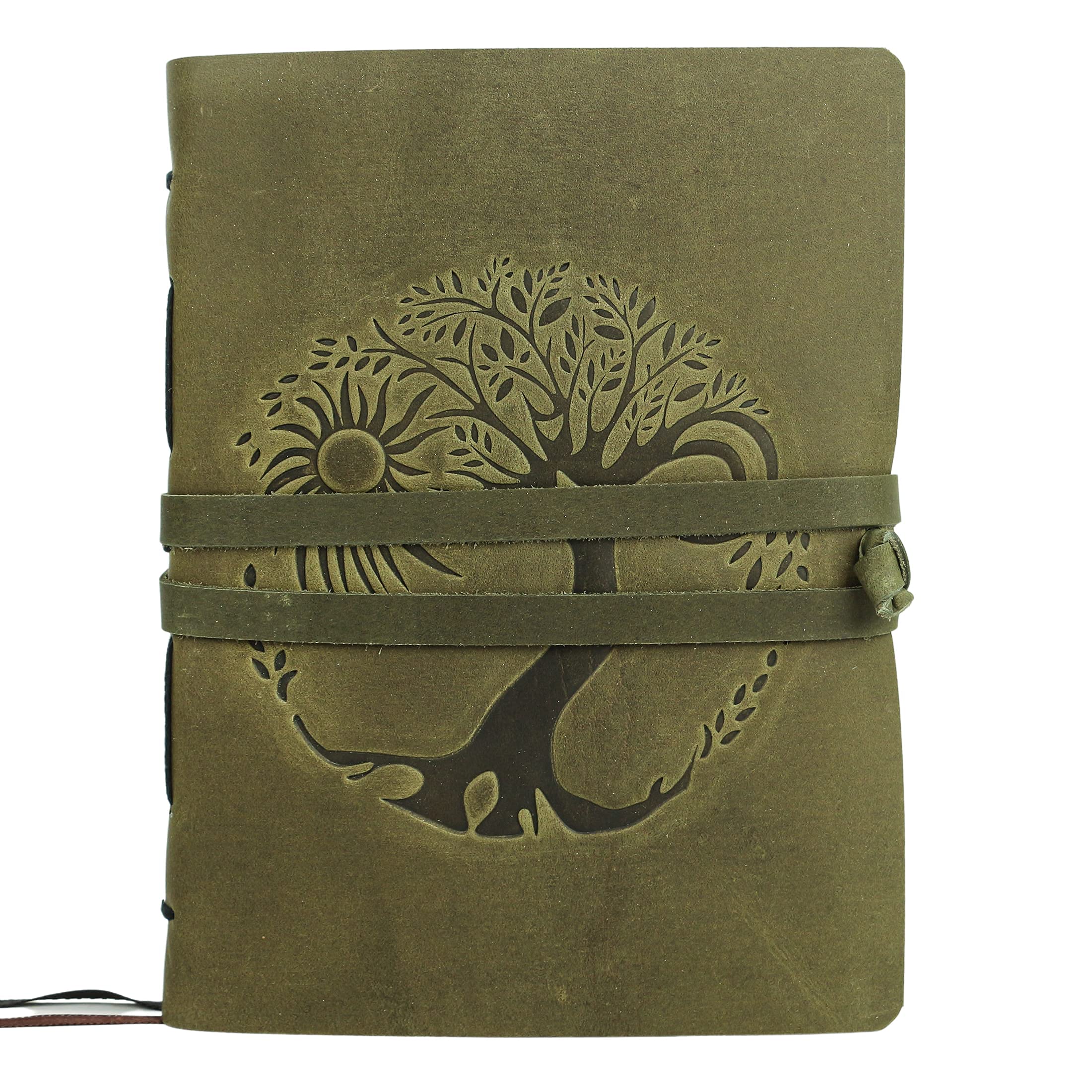 Leather Journal for women and men embossed 8 x 6 inch Handmade Lined craft paper tree of life sun and moon notebook writing notepad book of shadows journal (Green)