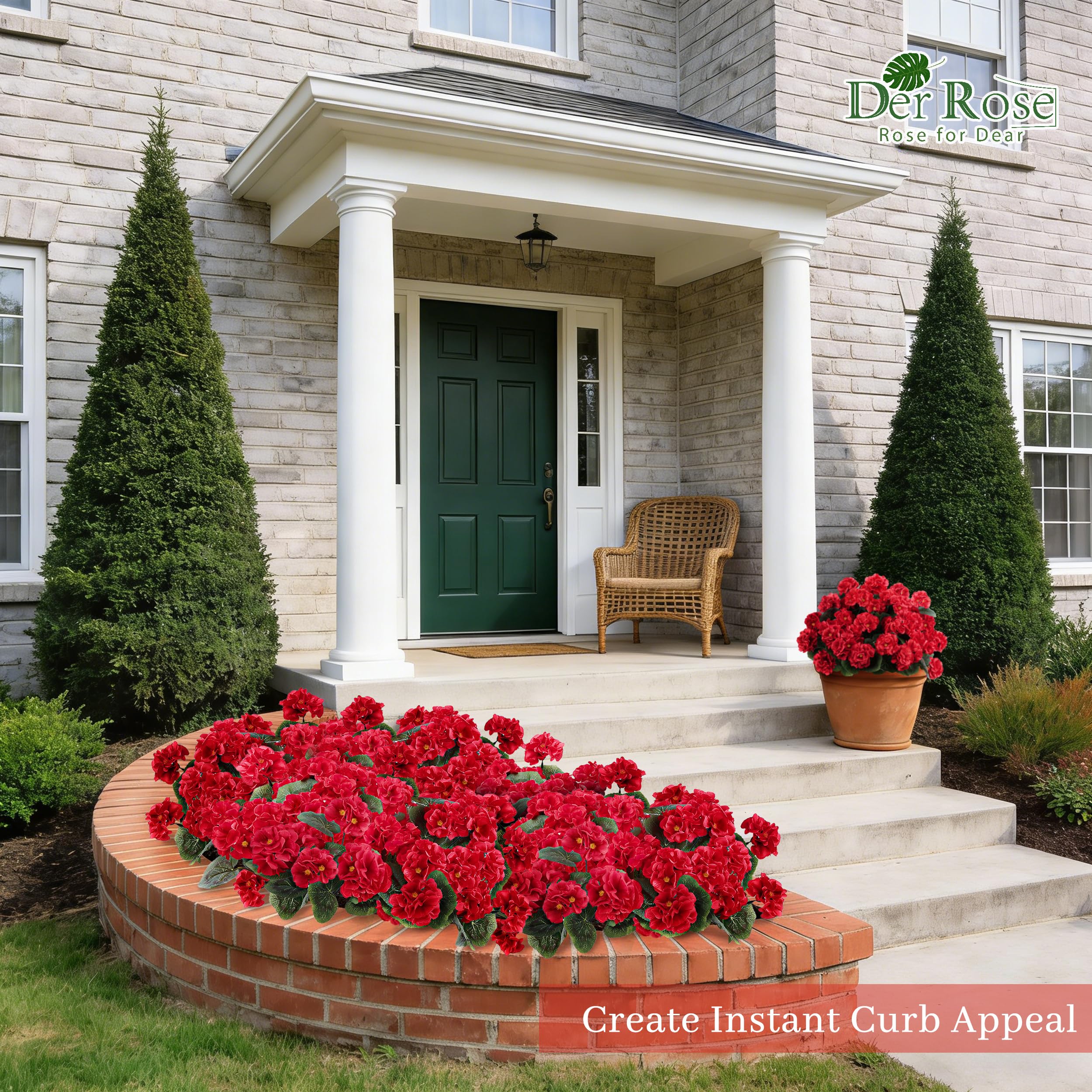 Der Rose 6 Pack Red Artificial Flowers Geraniums for Outdoors Fake Outdoor Flowers UV Resistant for Window Box Porch Patio Garden Decor