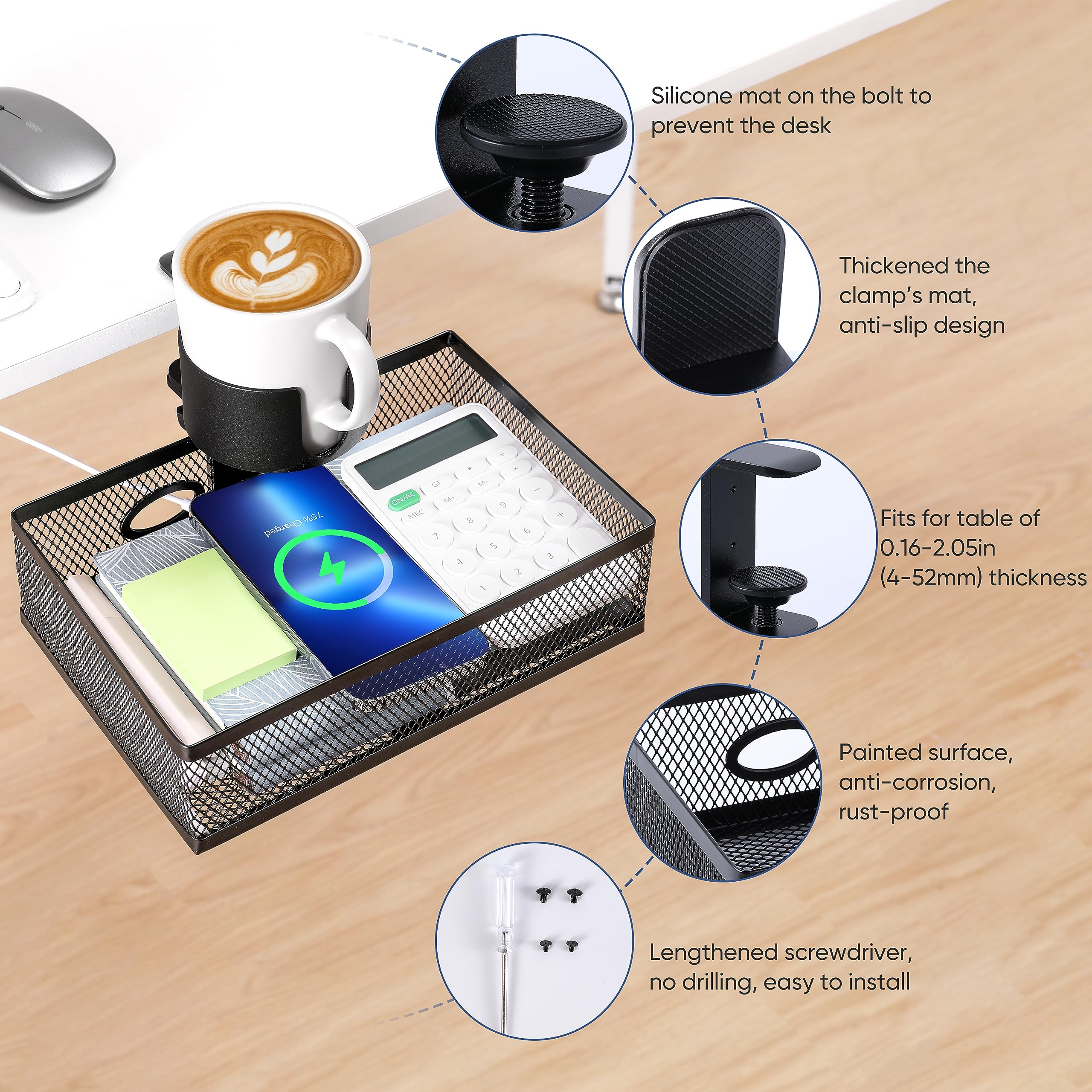 ROLIZOE 360 Rotating Under Desk Drawer Organizer Clamp On Desk Cup Holder No Drilling Swivel Pencil Drawer Under Shelf Storage Anti-slip Mesh Metal Under Table Storage Drawer Basket for Home Office
