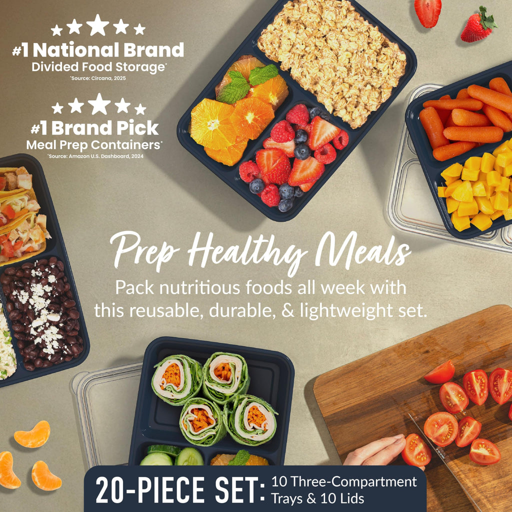 Bentgo Prep - 20-Piece 3-Compartment Reusable Meal Prep Containers with Lids, PFAS & BPA Free Materials, Durable, Microwave, Freezer, & Dishwasher Safe To Go Food Storage (Navy Blue)