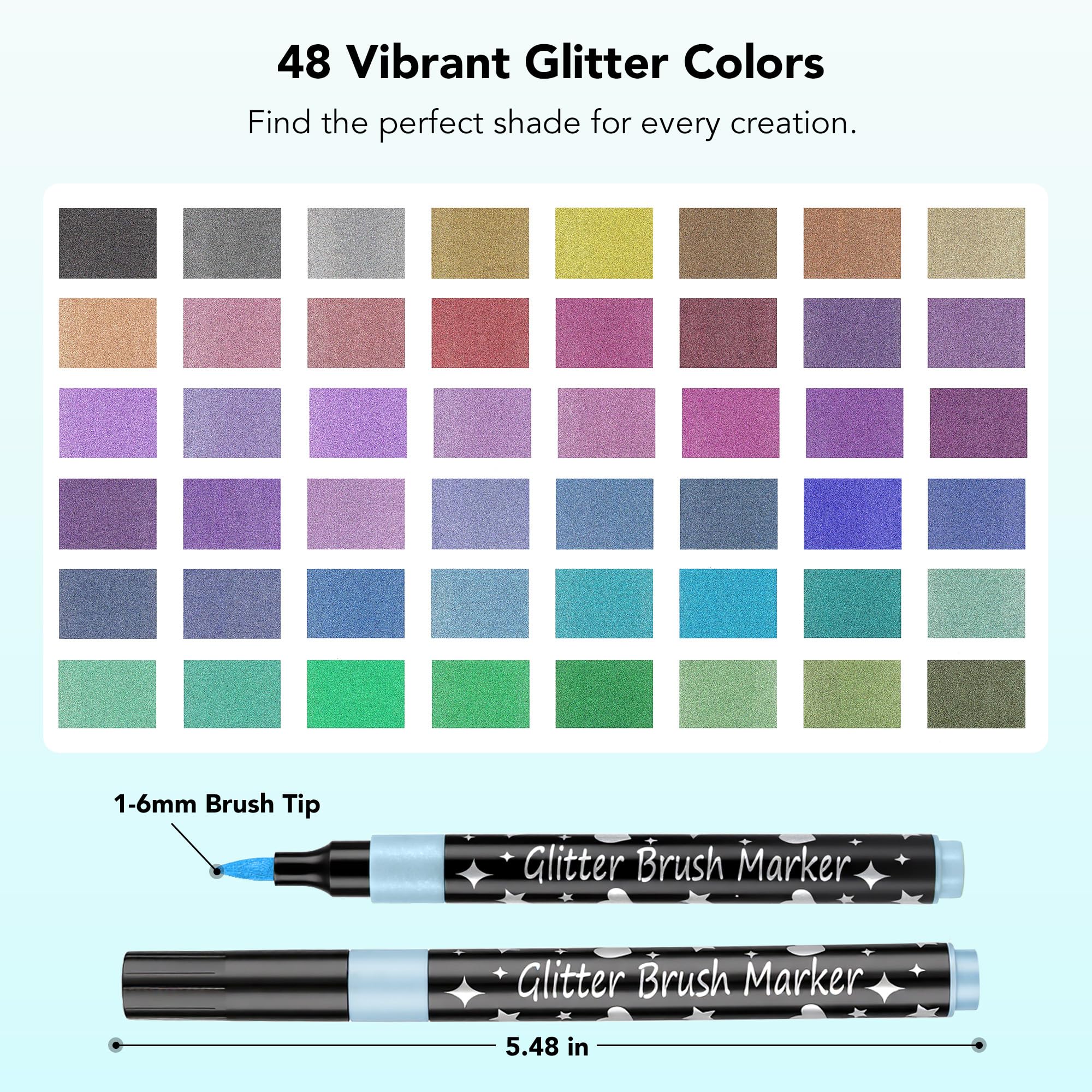 Bonace 48 Pcs Glitter Markers, Brush Tip Marker, Metallic Sparkle Water Based Markers for Cards, DIY Crafts, Doodle, Writing, Art Supplies Scrapbooking