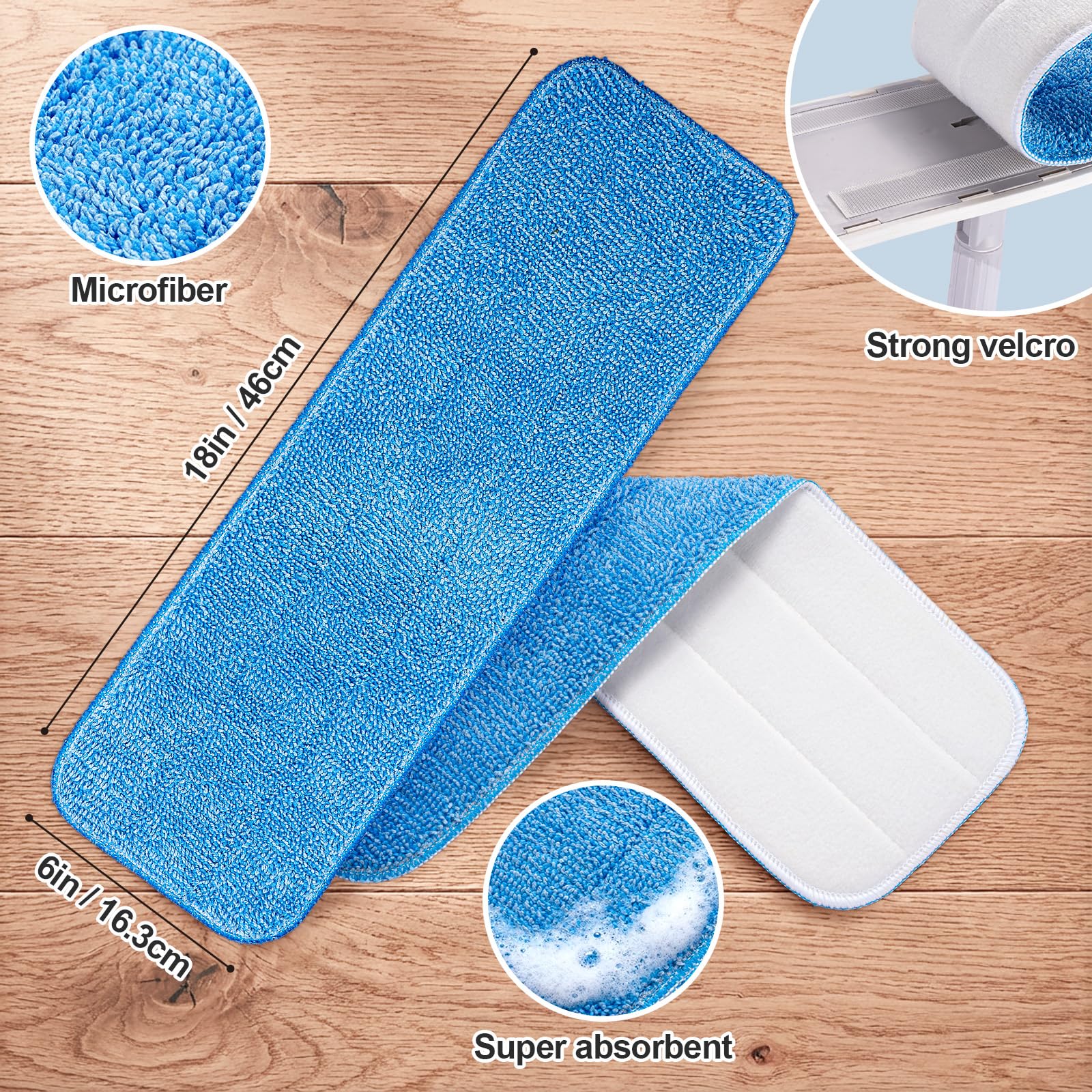 HOMEE Microfiber Mop Replacement, 6 Pack 18''x 6'' Reusable Mop Heads Replacements, Compatible with Bona Floor Care System Wet/Dry Home & Commercial, Cleaning Scrubbing Floor Mop Pad - Blue