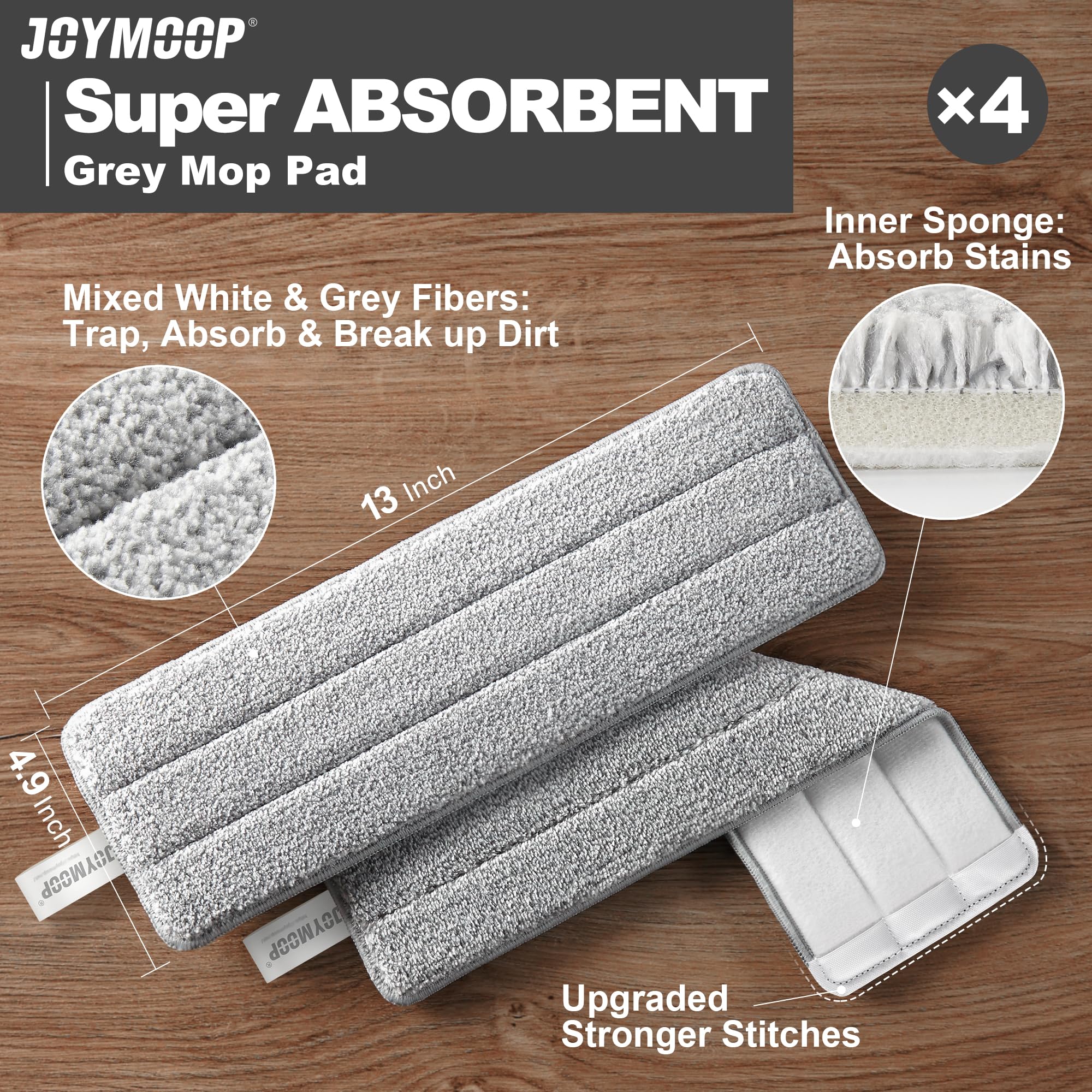 JOYMOOP Microfiber Mop Pads Replacement, 4 Pack Refills for Flat Bucket Set, 13 Inch, Grey & Stripe