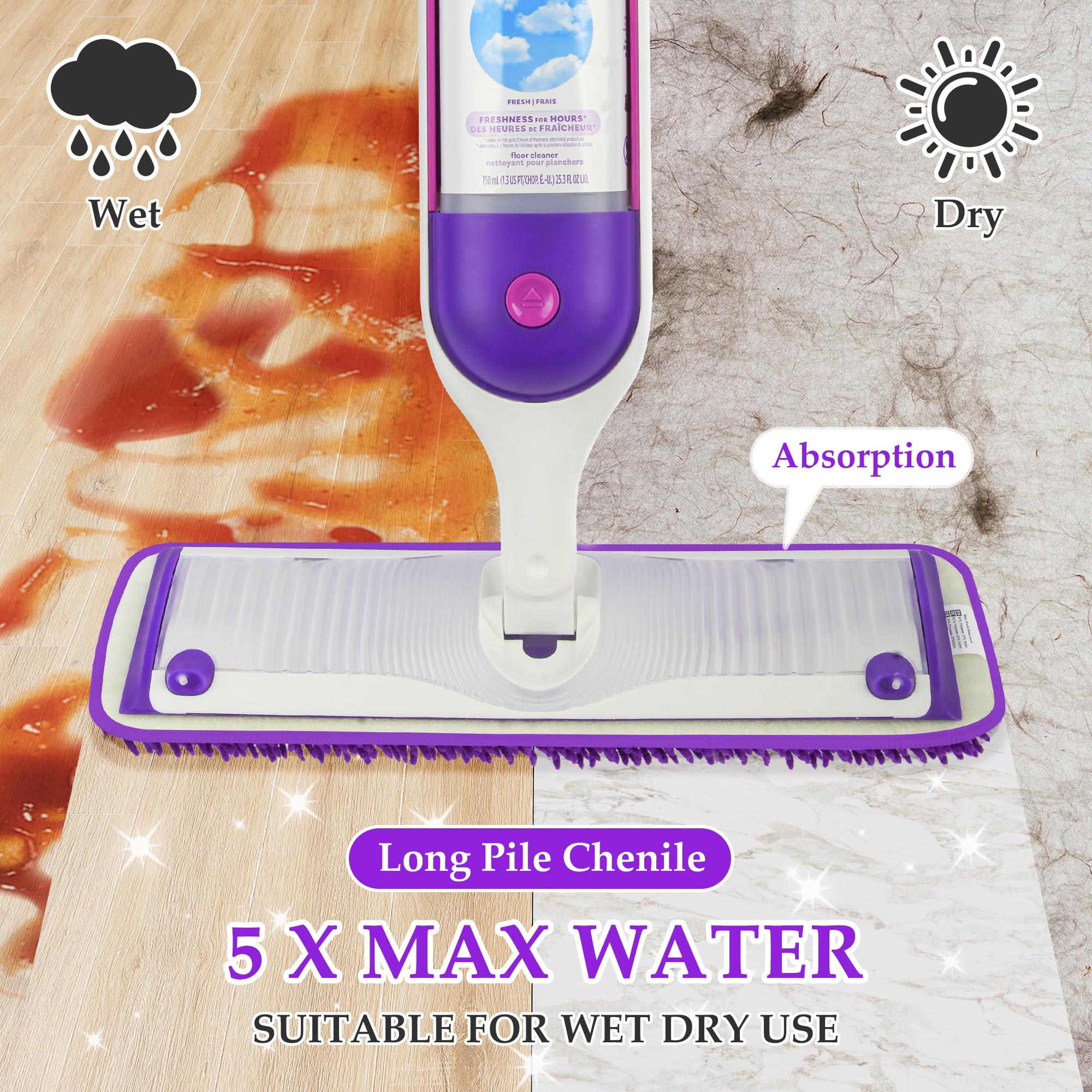 6 Pack Reusable Mop Pads Compatible with Swiffer Powermop, Papclean Power Mop Refills Microfiber Mopping Pads for Powermop Multi-Surface & Powermop Wood Kit All Types of Floor Cleaning, Purple