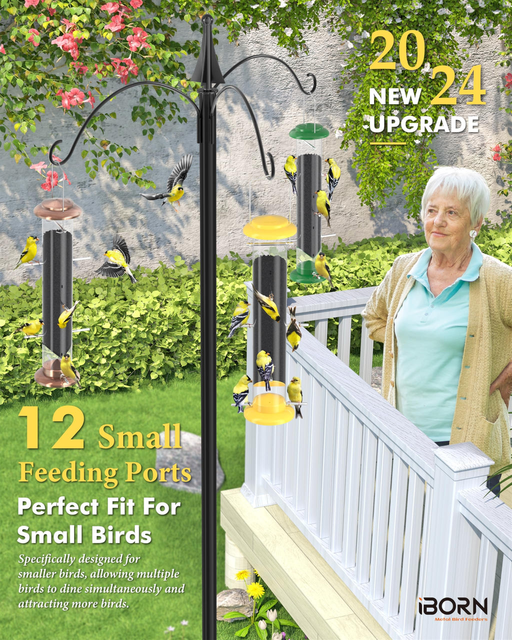 iBorn Nyjer & Thistle Bird Feeder for Outdoors Hanging，Finch Feeders for Outside，Metal Tube Bird Feeder 14 Inch with 12 Small Ports,8 Metal Perches,Yellow